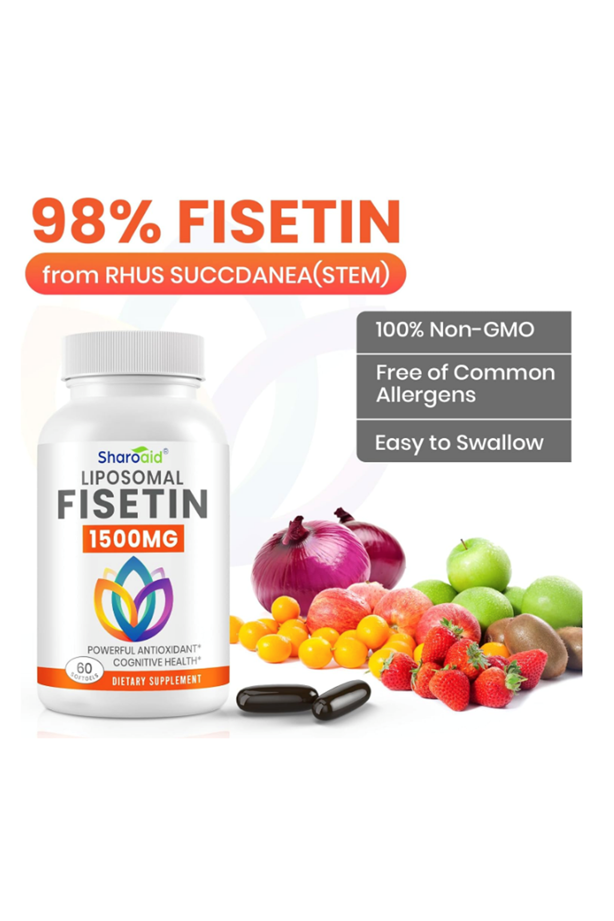 Sharoaid Liposomal Fisetin Delivery,1500mg  60 Softgels 98% Pure Fisetin,Polyphenol Antioxidant for Healthy Aging,Non-GMO.Abd Menşei.50.