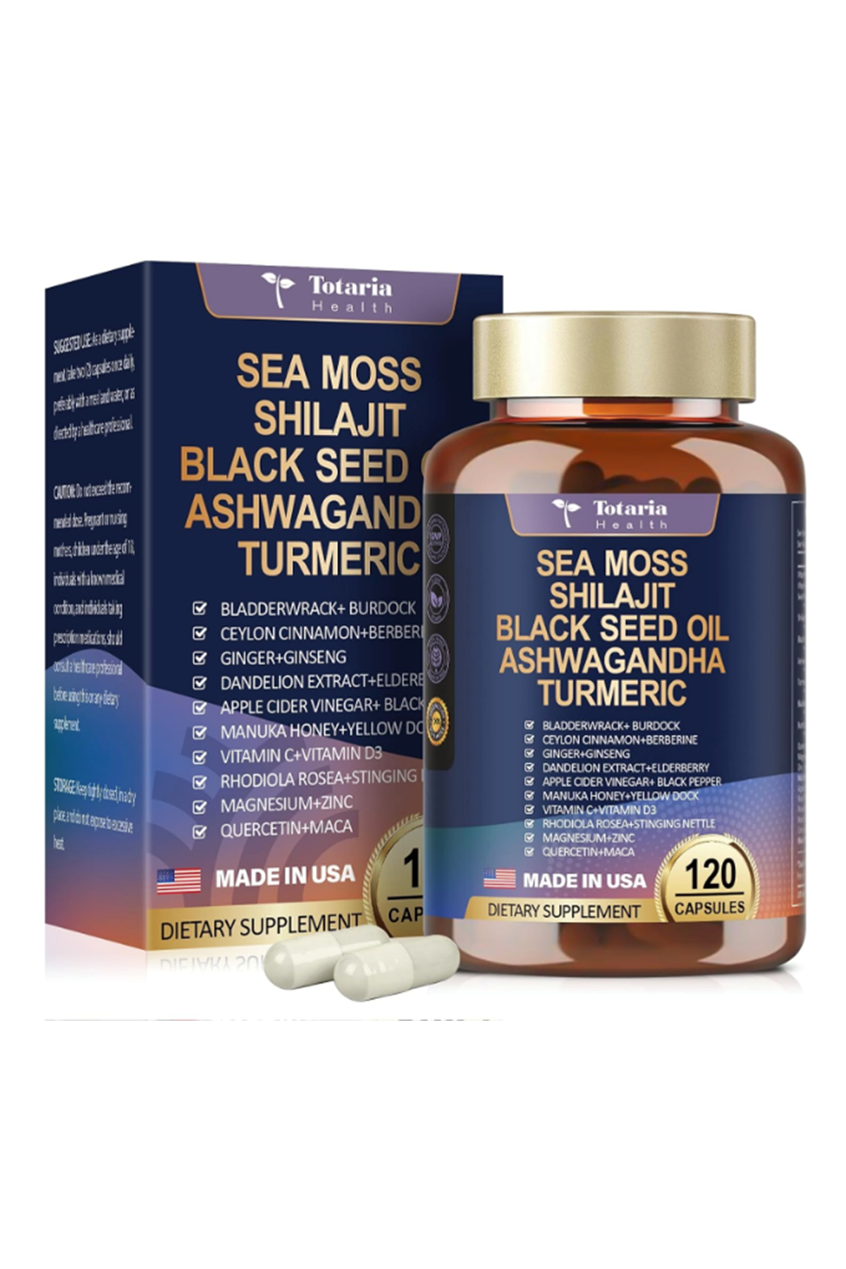 Totaria Healt  Sea Moss Black Seed Oil Ginger Shilajit with Bladder Burdock Ceylon Cinnamon Berberine ACV Manuka VIT C  D3, 120 Caps.Abd Menşei.45.
