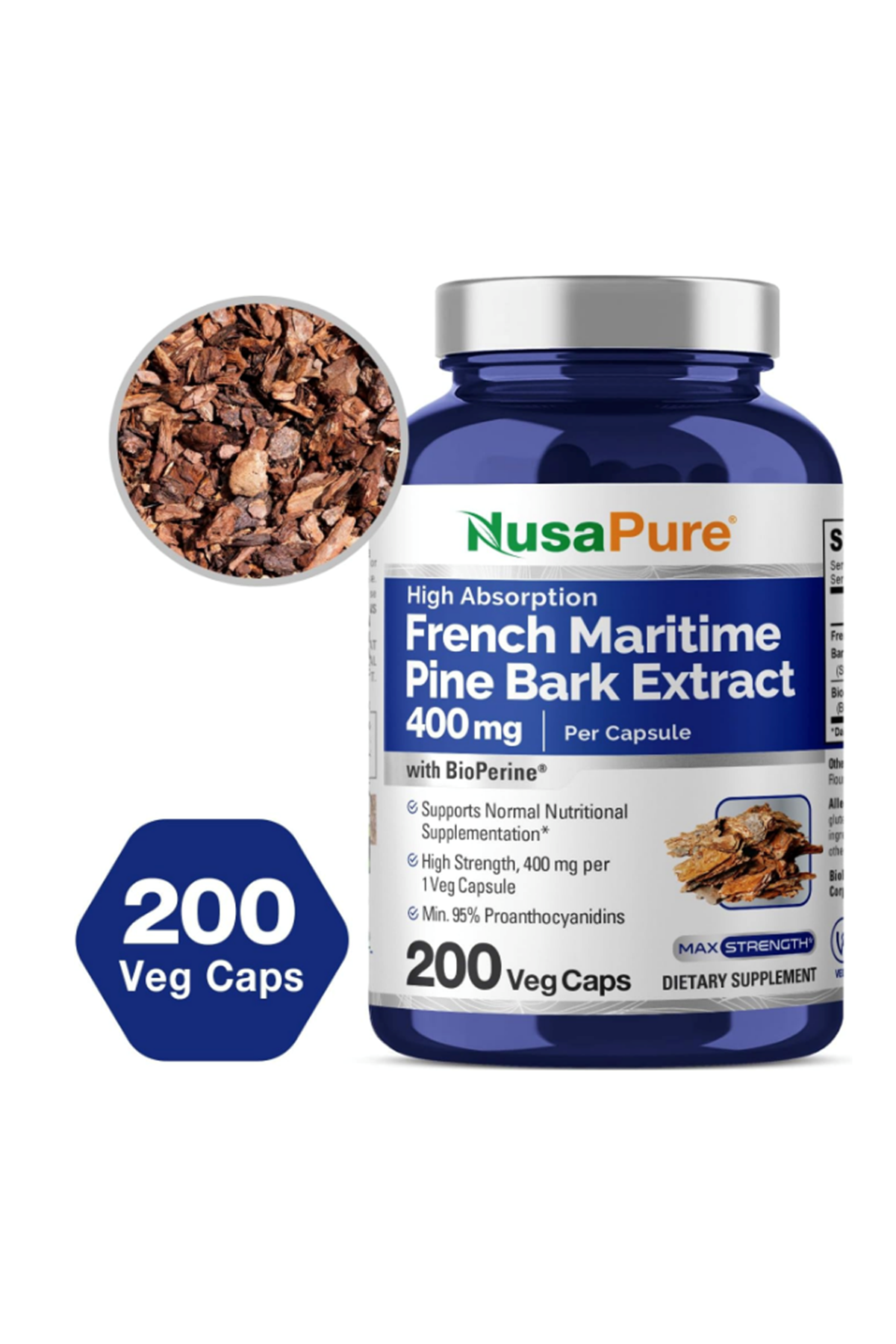 NusaPure French Maritime Pine Bark Extract 400mg per 200 Veggie Capsul Supply Bioperine Non-GMO.Abd.51.