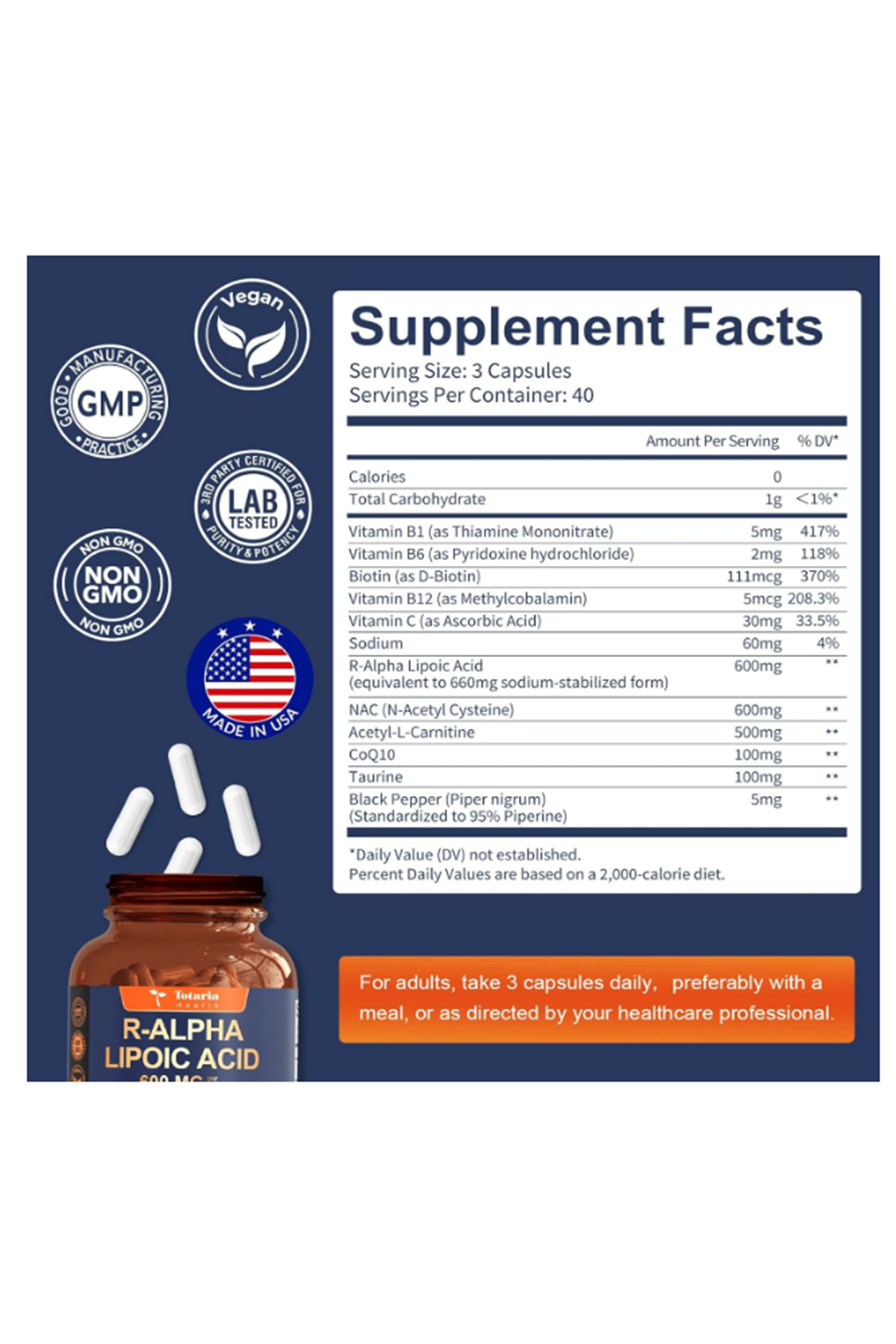Totaria Healt R Alpha Lipoic Acid 600mg  Vegan 120 Capsul.(Ösg Özel Sporcu Gıdaları)