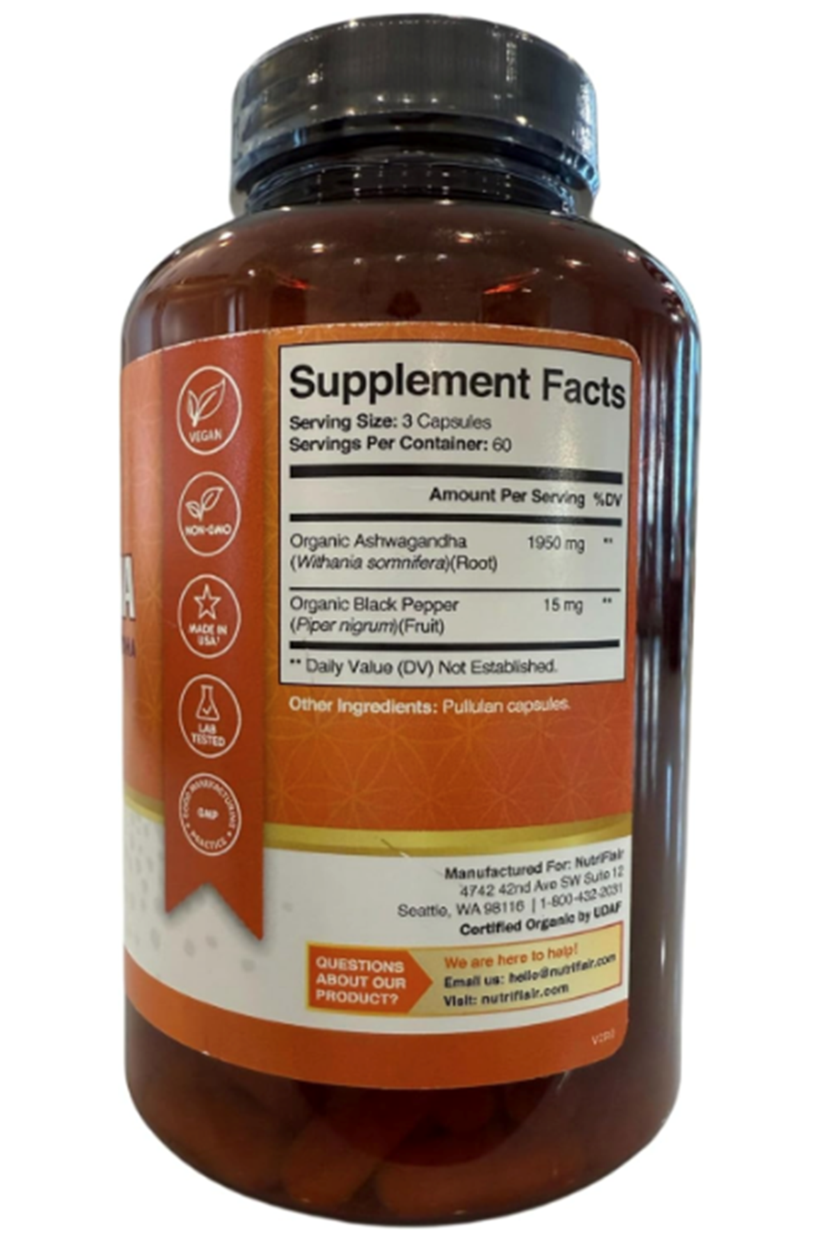 NutriFlair Organic Asvaganda (Özelsporcugıdaların'dan !!) Root Extract Black Pepper  - 180 Capsul  Made in USA.