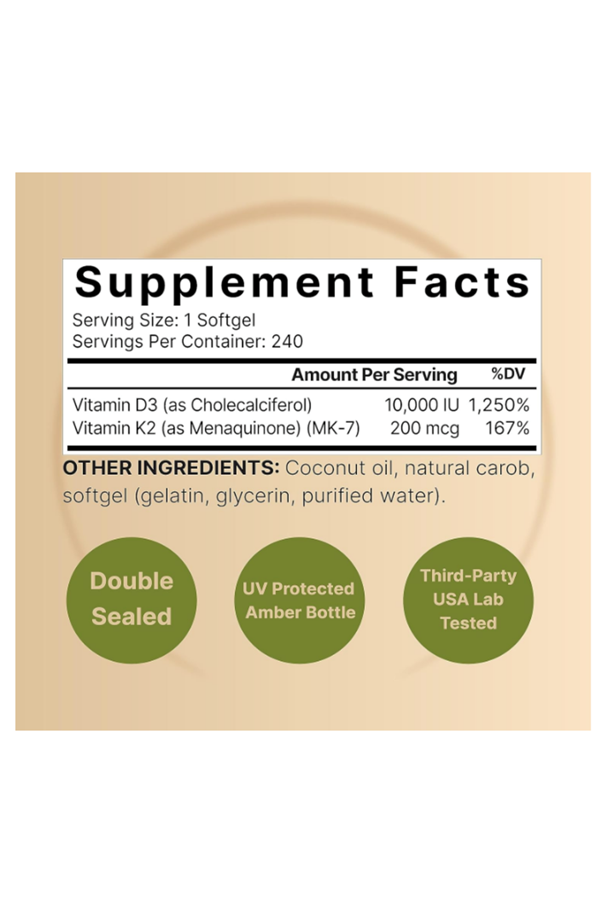 NatureBell Vitamin D3 10,000 IU + K2 200 mcg, MK 7 FORM  240 Softgels.59.