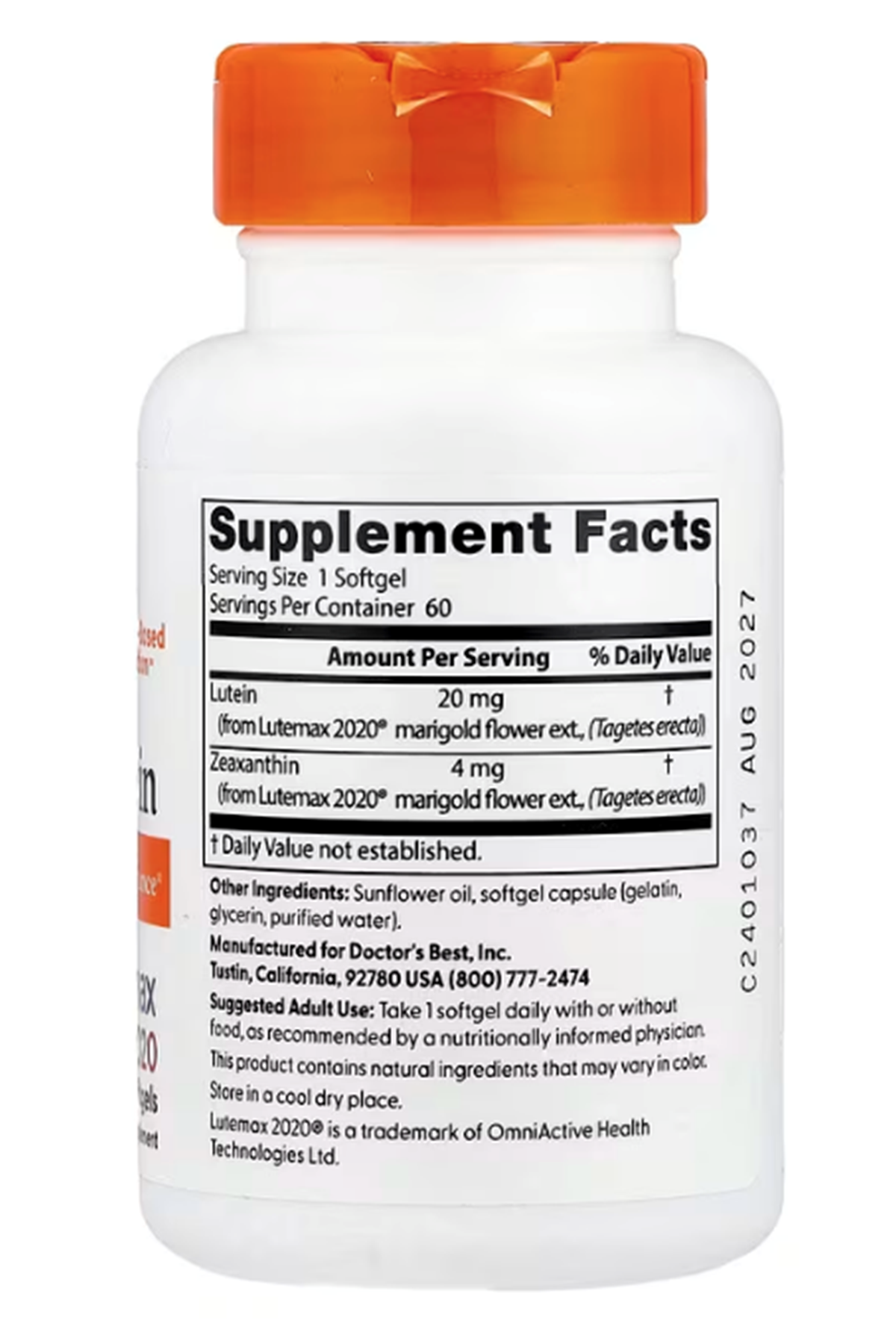 Doctor's Best, Lutein with Lutemax 2020, 20 mg, 60 Softgels.Abd Menşei.42.