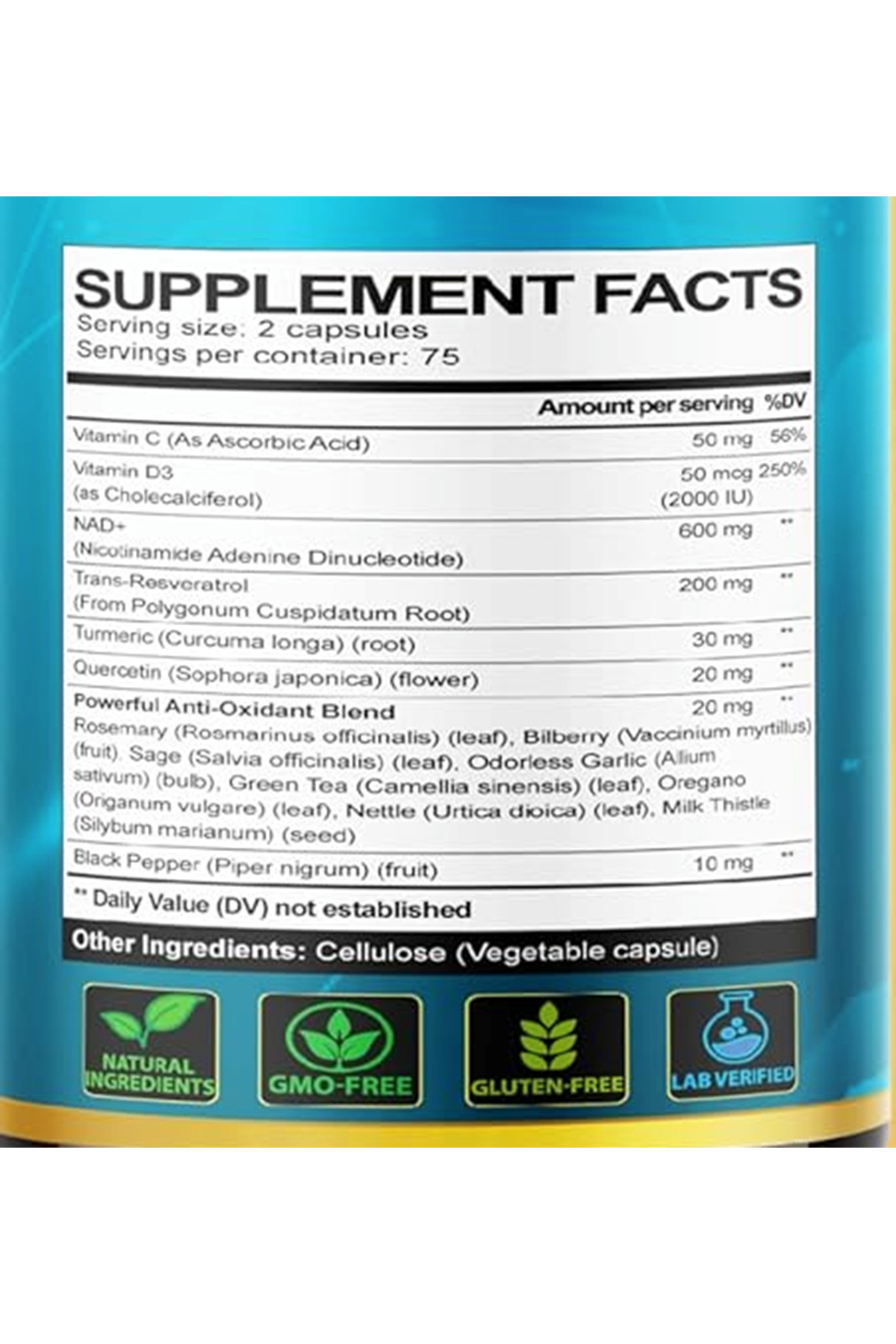 VEGATOT Organic NAD+ Boosting Complex 150 Capsul with Resveratrol, Turmeric, Quercetin, Rosemary Bilberry Sage Green Tea.Usa Menşei.44.