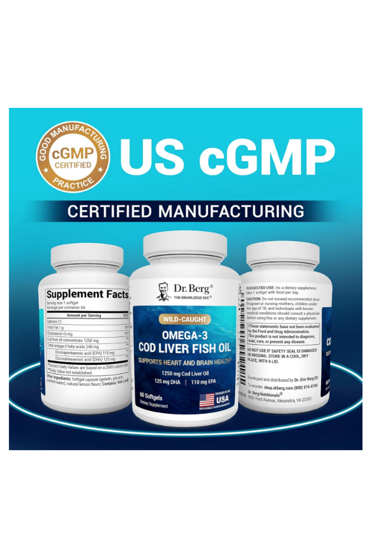 Dr. Berg  Omega-3 Cod Liver Fish Oil – 1250 mg Cod Liver Oil – 125 mg of DHA 60 Softjel.Abd Menşei.57.