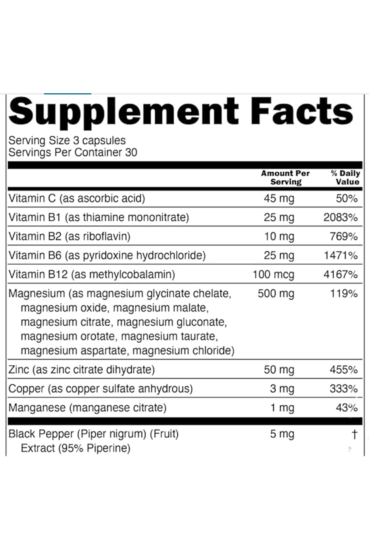 Clean Nutraceuticals  Magnezyum Complex Magne Glycinate Citrate Malate Oxide Taurate Aspartate Orotate  Mag Chloride, Zinc Copper  Vitamin C B1 B2 B6 B12 90 Capsul.