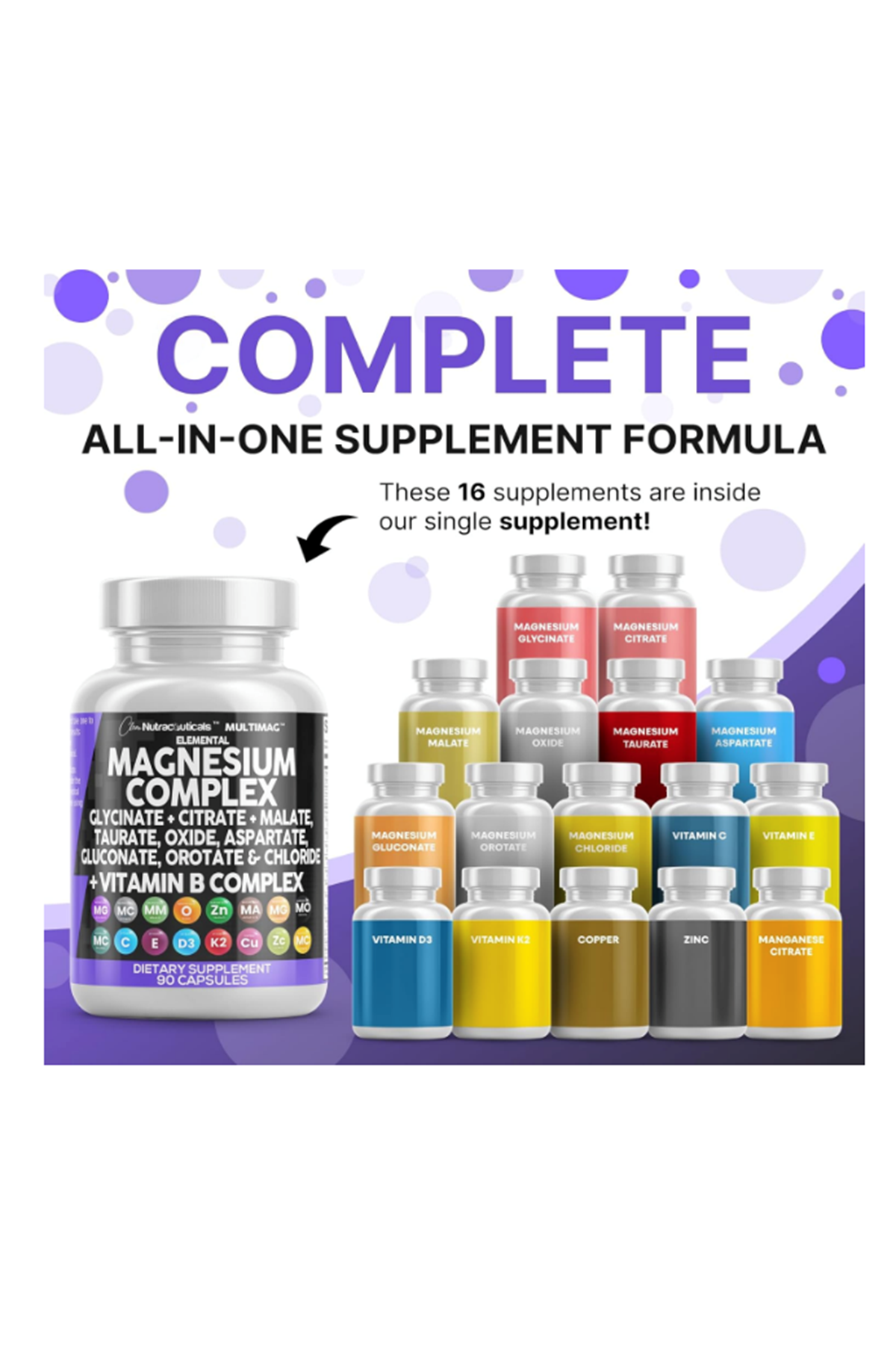 Clean Nutraceuticals  Magnezyum Complex Magne Glycinate Citrate Malate Oxide Taurate Aspartate Orotate  Mag Chloride, Zinc Copper  Vitamin C B1 B2 B6 B12 90 Capsul.