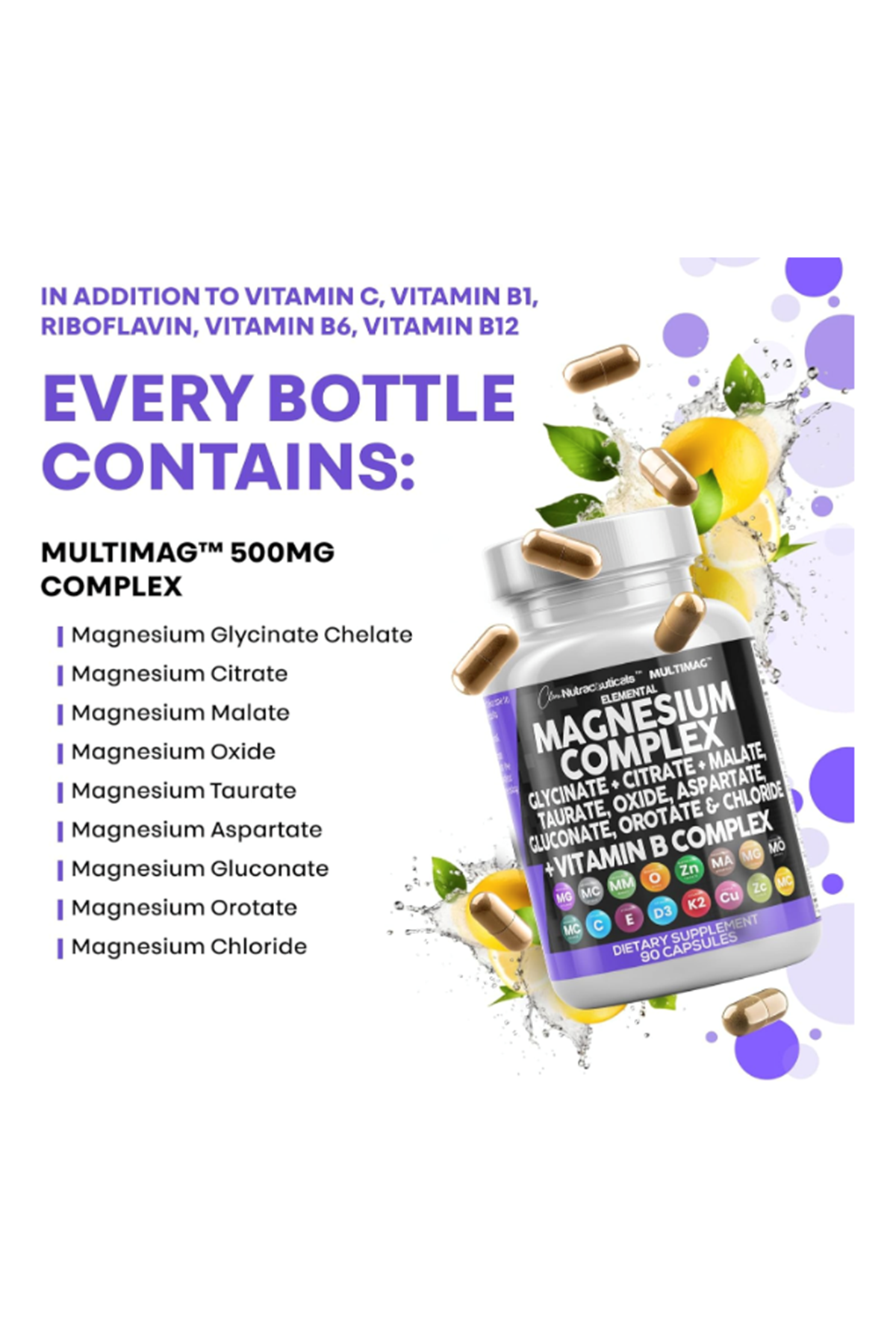 Clean Nutraceuticals  Magnezyum Complex 90 Capsul Magne Glycinate Citrate Malate Oxide Taurate Aspartate Orotate  Mag Chloride, Zinc Copper  Vitamin C B1 B2 B6 B12.