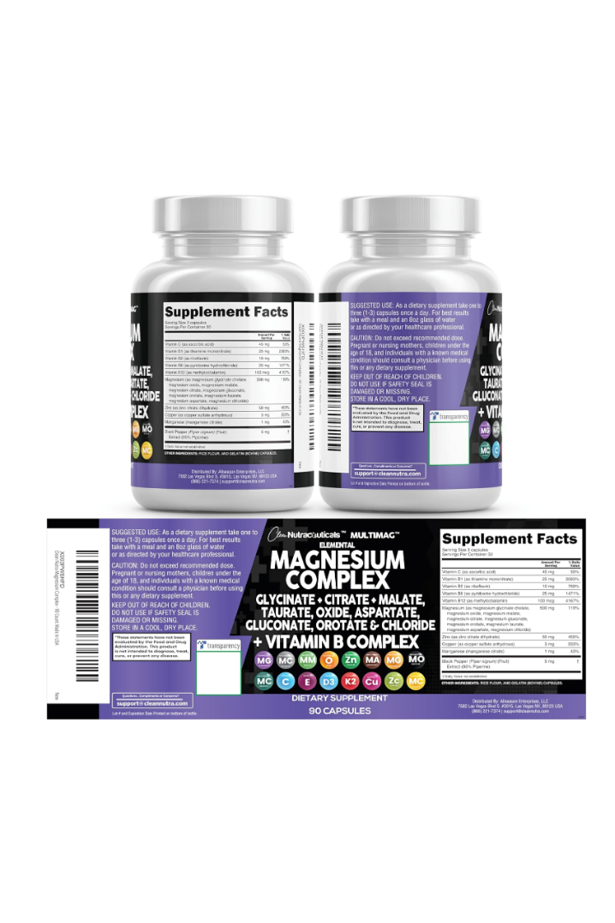 Clean Nutraceuticals  Magnezyum Complex Magne Glycinate Citrate Malate Oxide Taurate Aspartate Orotate  Mag Chloride, Zinc Copper  Vitamin C B1 B2 B6 B12 90 Capsul.