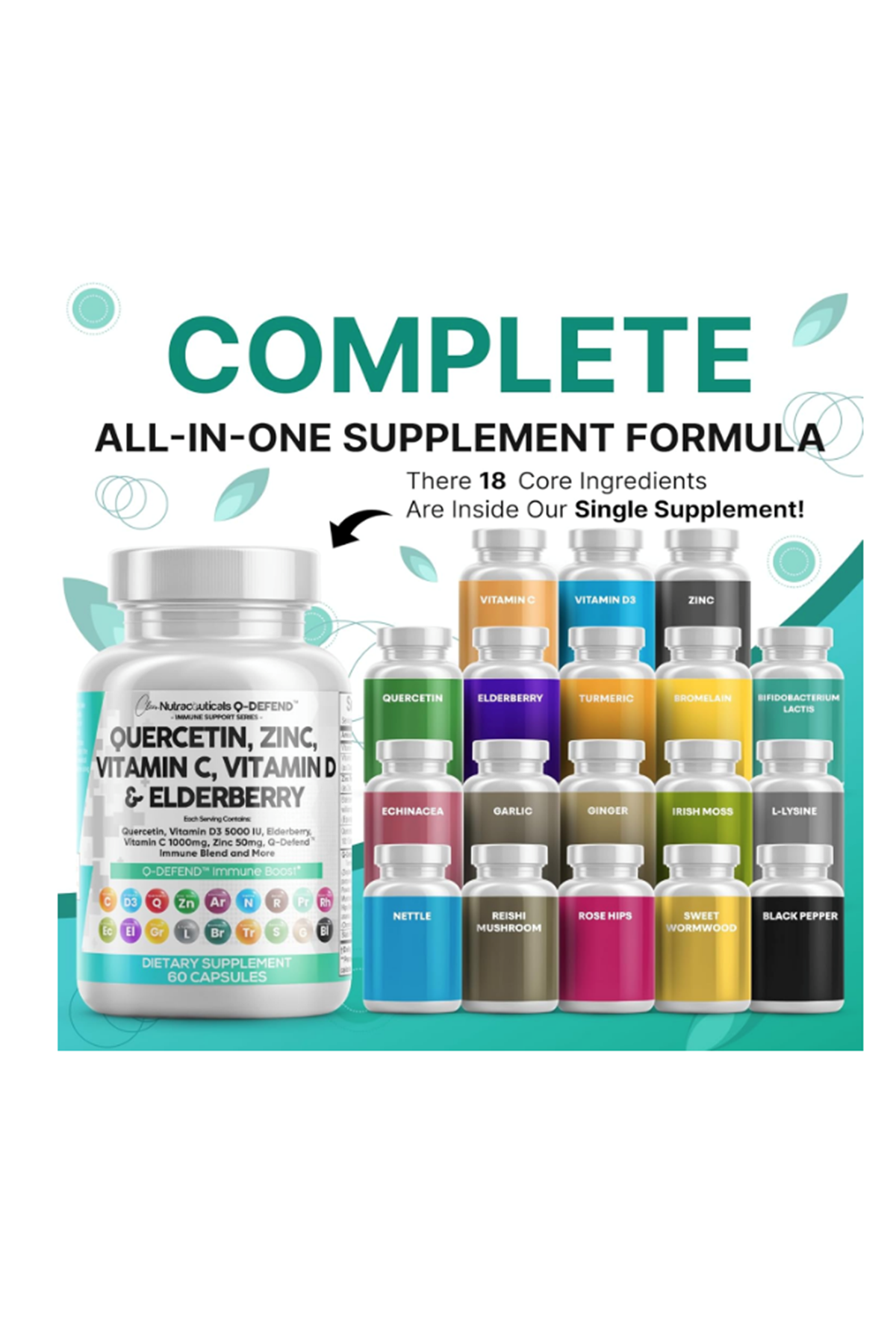 Clean Nutraceuticals Quercetin Zinc 60 Capsul Vitamin C Vitamin D Bromelain Elderberry - Lung Artemisinin, Sea Moss, Echinacea, Allergy Relief.USA.