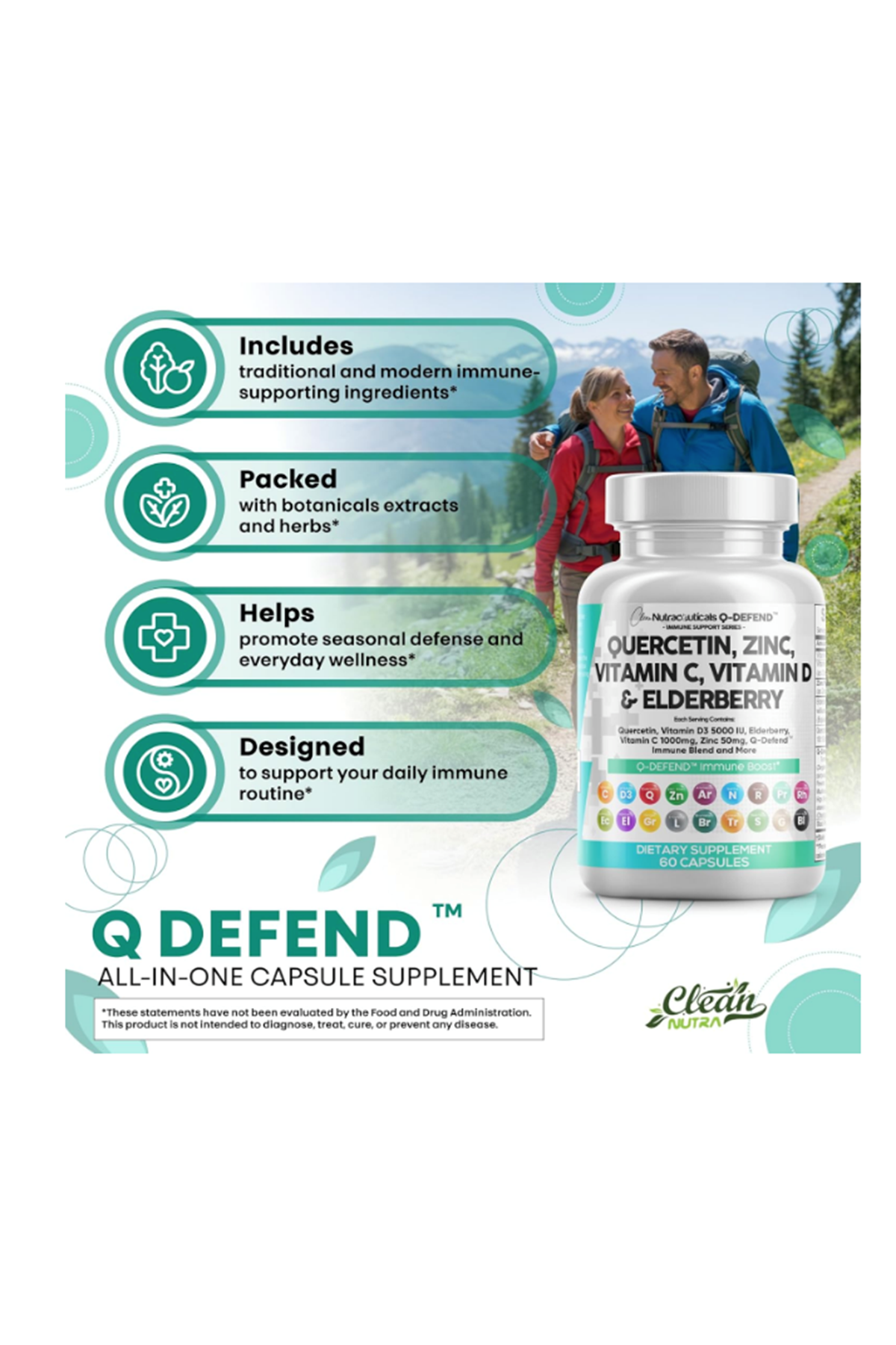 Clean Nutraceuticals Quercetin Zinc 60 Capsul Vitamin C Vitamin D Bromelain Elderberry - Lung Artemisinin, Sea Moss, Echinacea, Allergy Relief.USA.