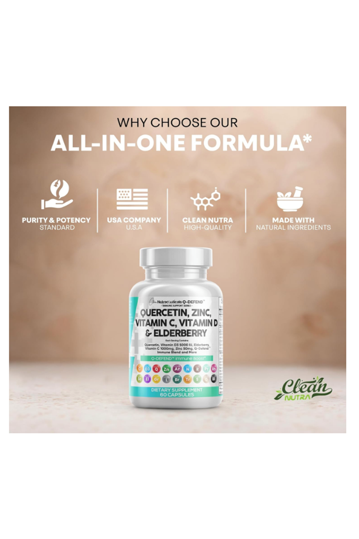 Clean Nutraceuticals Quercetin Zinc 60 Capsul Vitamin C Vitamin D Bromelain Elderberry - Lung Artemisinin, Sea Moss, Echinacea, Allergy Relief.USA.