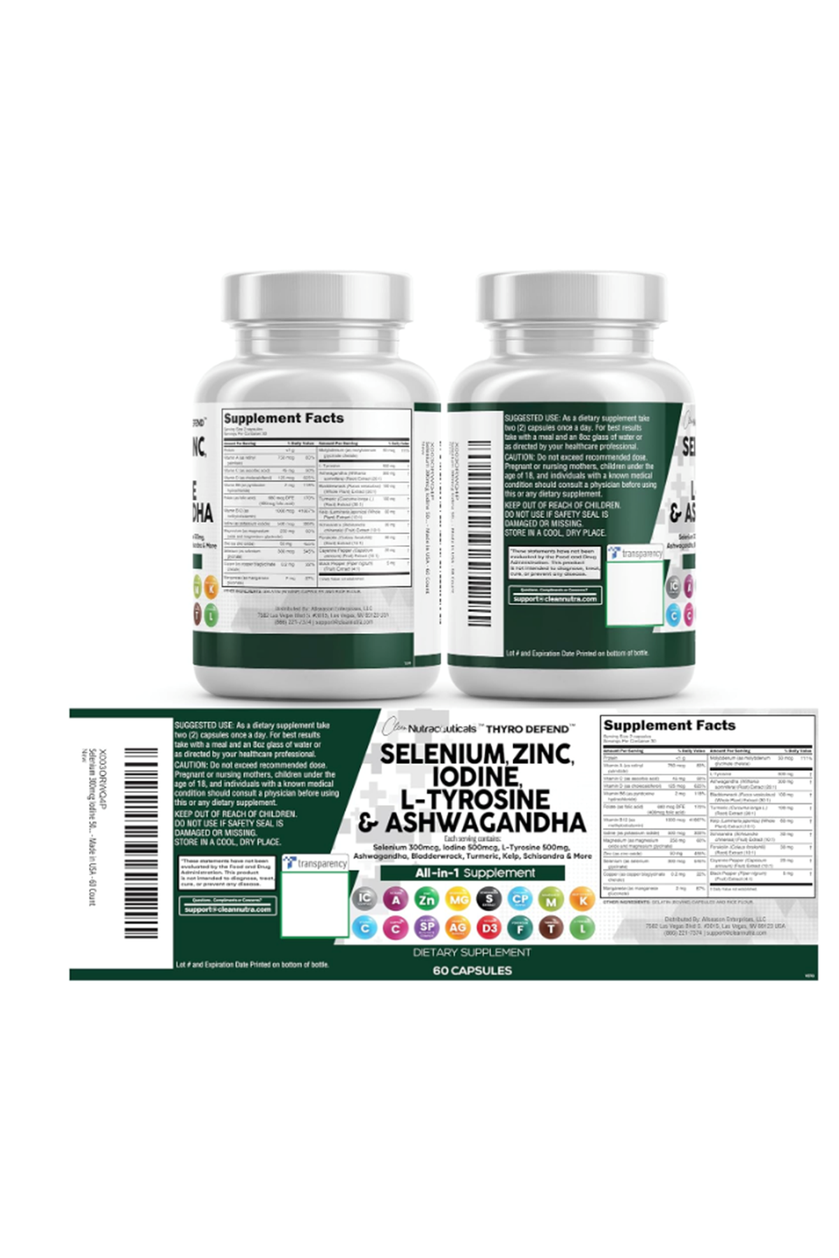 Clean Nutraceuticals Selenium 60 Capsul Iodine Thyroıd  L Tyrosine  Bladderwrack, Turmeric, Kelp, Schisandra Zinc.USA.