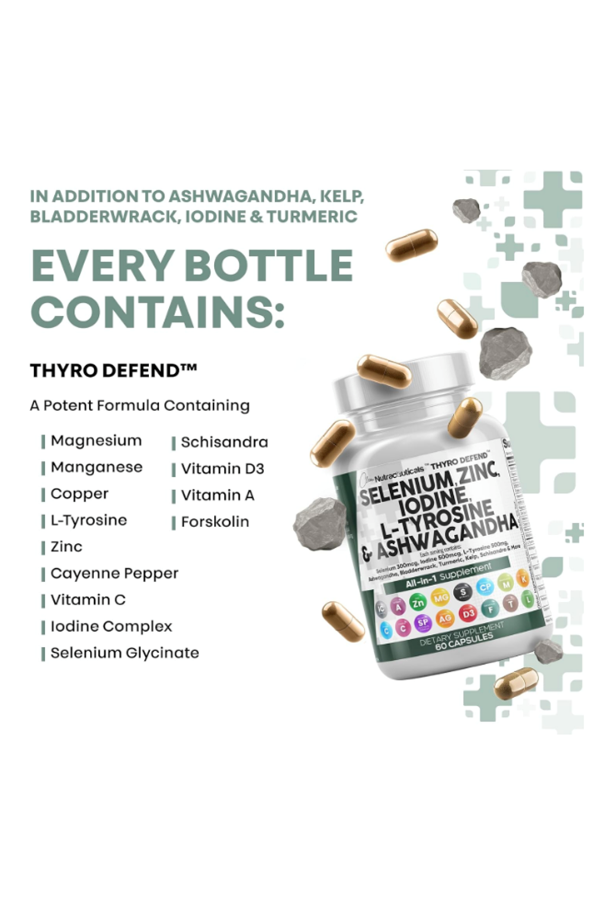 Clean Nutraceuticals Selenium 60 Capsul Iodine Thyroıd  L Tyrosine  Bladderwrack, Turmeric, Kelp, Schisandra Zinc.USA.