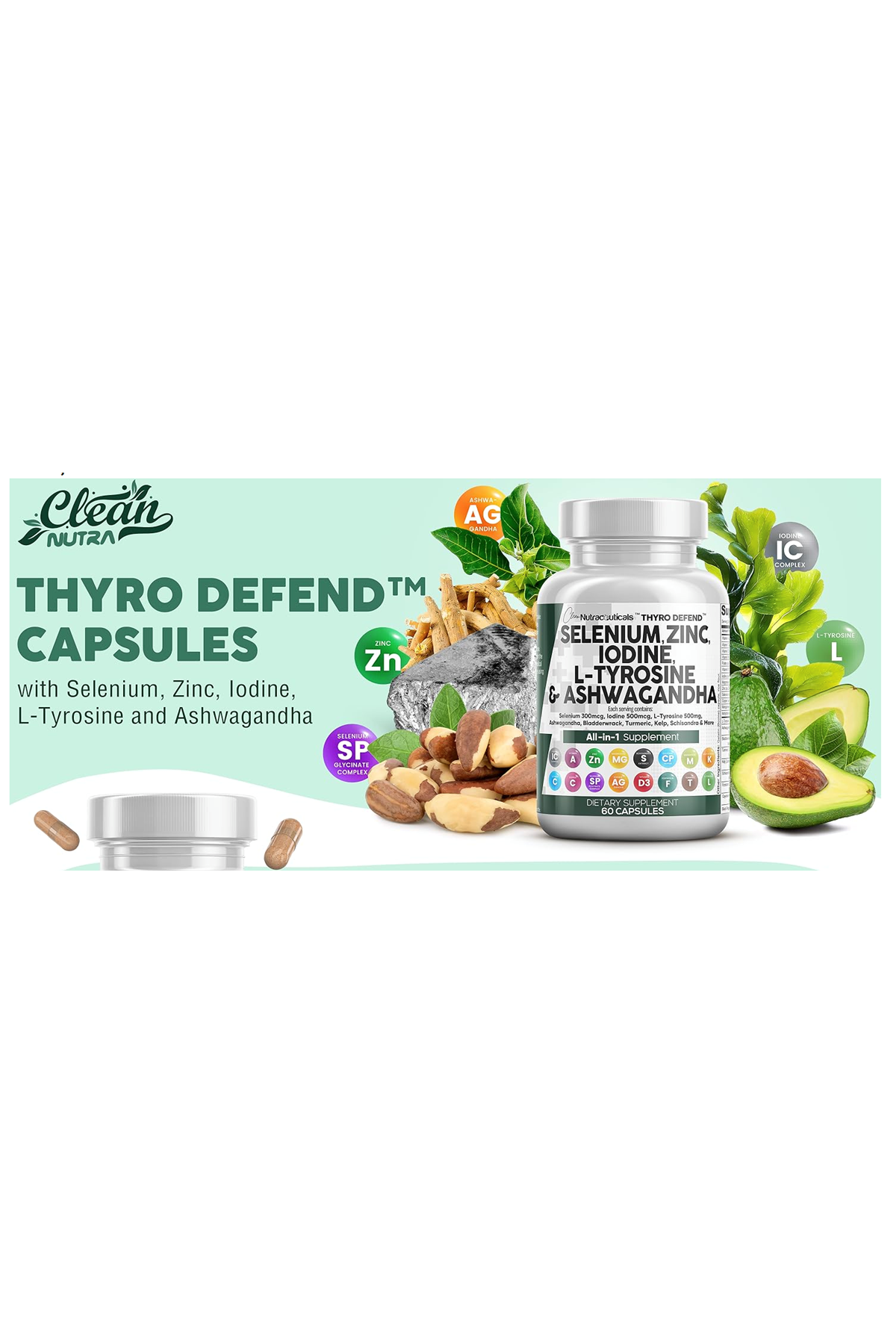 Clean Nutraceuticals Selenium 60 Capsul Iodine Thyroıd  L Tyrosine  Bladderwrack, Turmeric, Kelp, Schisandra Zinc.USA.