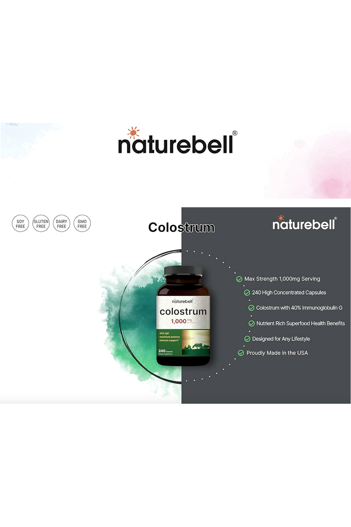 NatureBell Bovine Colostrum 1000mg  240 Capsul  40% IgG Colostrum for Gut Health, Bloating, Skin, Hair Immune Support.46.