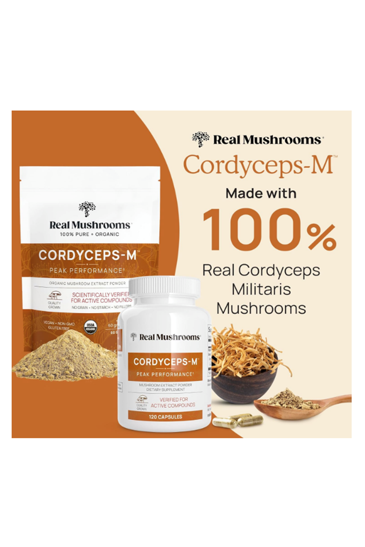 Real Mushrooms (Ösg Özel Sporcu Gıdaları) Cordyceps M Mushroom Beta Glucans 120 Capsul.ORJ ABD MENŞEİ.
