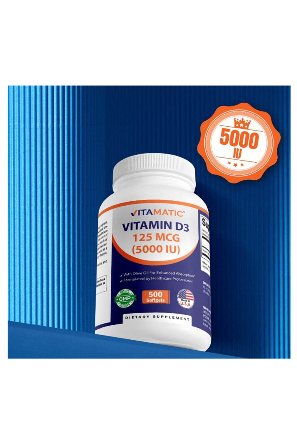 Vitamatic Vitamin D3 5000 IU (125 mcg) – 500 Mini Softgels Olive Oil-Based Formula – Cold-Pressed.Made ın Usa.