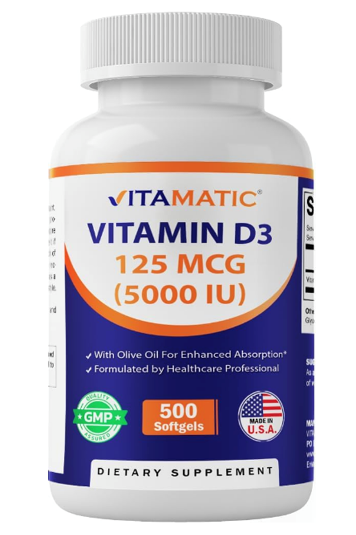 Vitamatic Vitamin D3 5000 IU (125 mcg) – 500 Mini Softgels Olive Oil-Based Formula – Cold-Pressed.Made ın Usa.