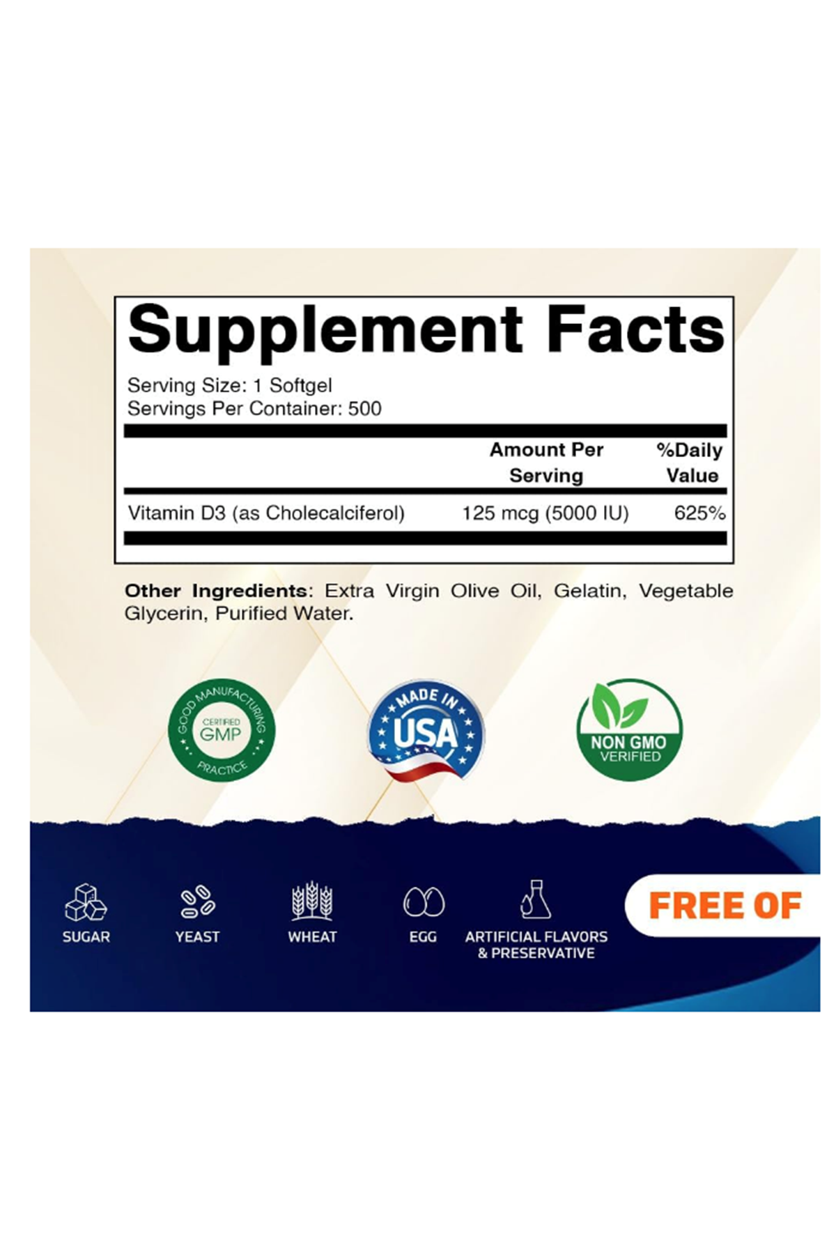 Vitamatic Vitamin D3 5000 IU (125 mcg) – 500 Mini Softgels Olive Oil-Based Formula – Cold-Pressed.Made ın Usa.