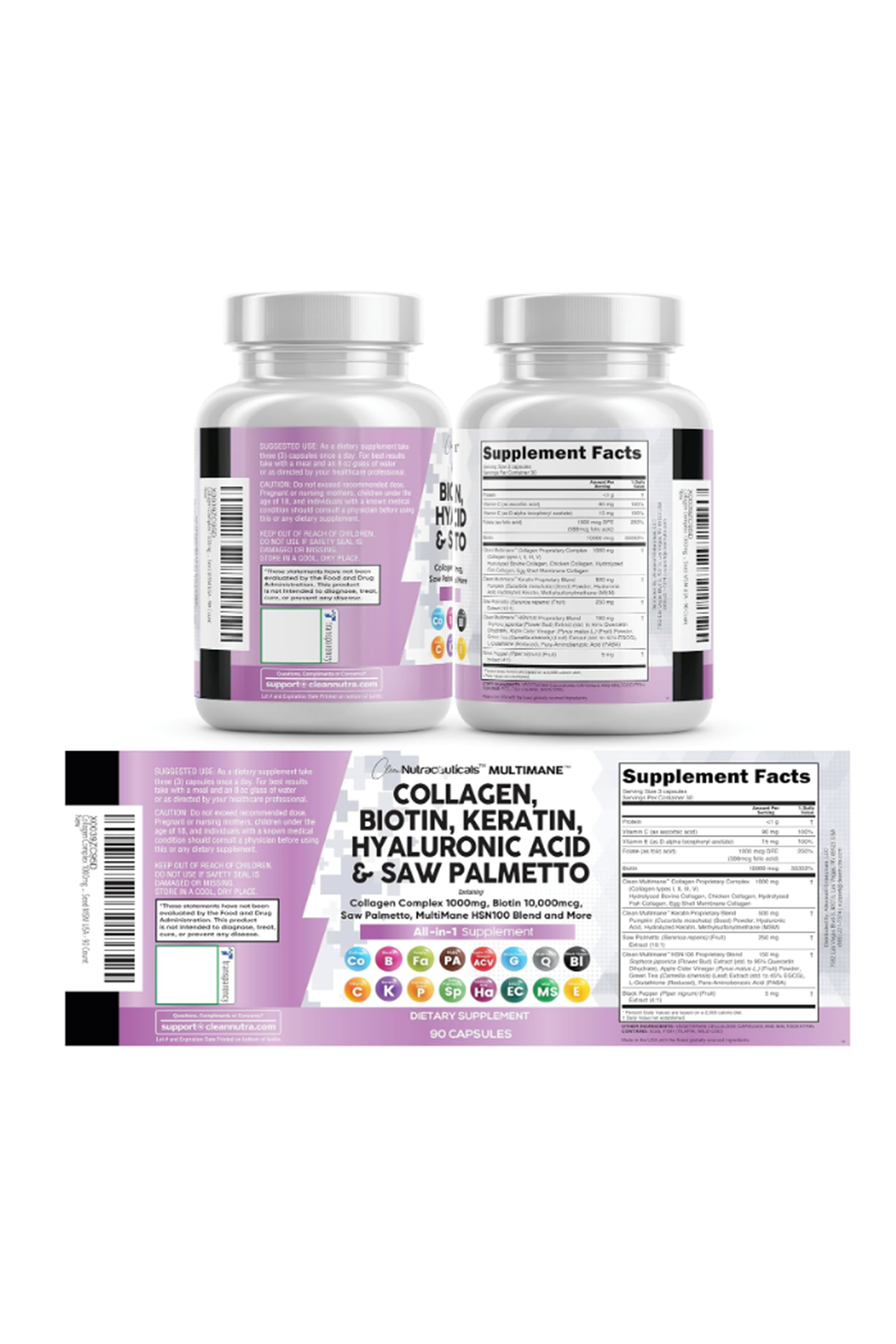 Clean Nutraceuticals Collagen 90 Capsul 1000mg Biotin 10000mcg Keratin Saw Palmetto Hyaluronic Acid - Hair Skin  Nails Vitamins  DHT Blocker with Vitamin E Folic Acid Pumpkin Seed MSM.