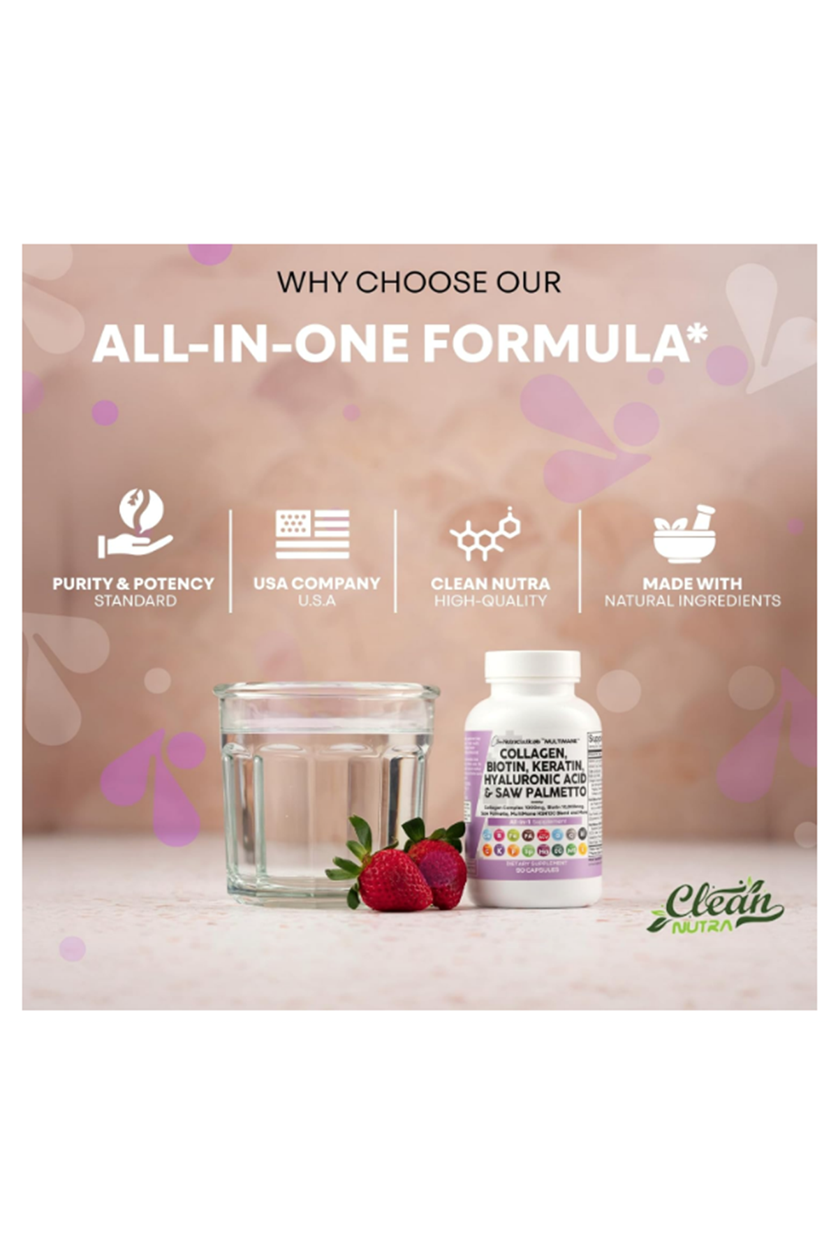 Clean Nutraceuticals Collagen 90 Capsul 1000mg Biotin 10000mcg Keratin Saw Palmetto Hyaluronic Acid - Hair Skin  Nails Vitamins  DHT Blocker with Vitamin E Folic Acid Pumpkin Seed MSM.