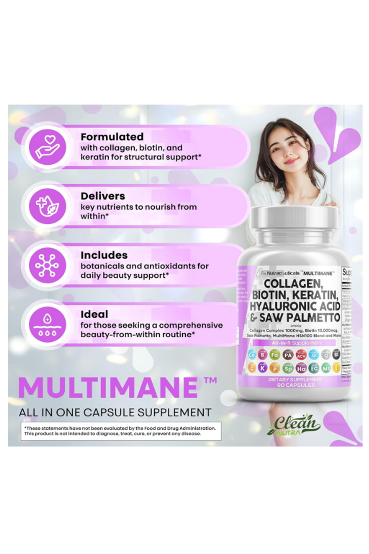 Clean Nutraceuticals Collagen 90 Capsul 1000mg Biotin 10000mcg Keratin Saw Palmetto Hyaluronic Acid - Hair Skin  Nails Vitamins  DHT Blocker with Vitamin E Folic Acid Pumpkin Seed MSM.