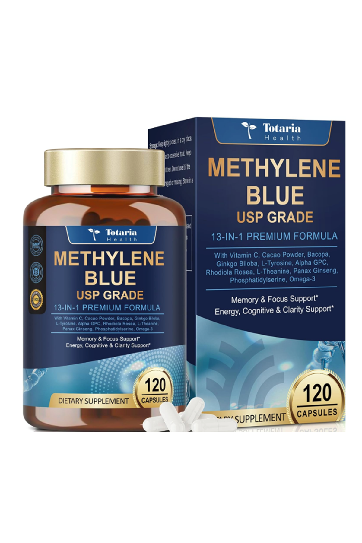 Totaria Healt Methylene Blue 120 Capsul 13 in 1 Upgrade Patented Brain Formula with Vitamin C Ester, Bacopa, Phosphatidylserine, Omega-3 Fatty Acids - Memory, Focus, Clarity, Cognitive.