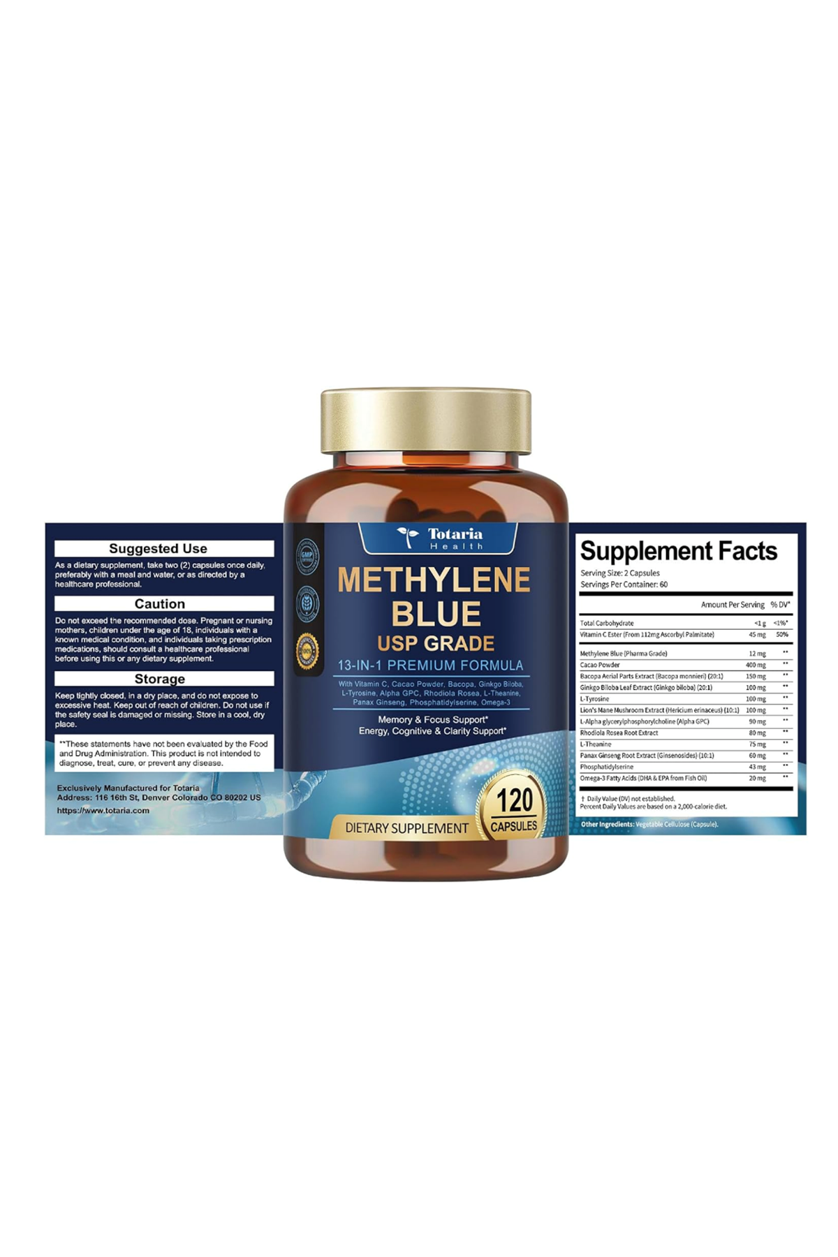 Totaria Healt Methylene Blue 120 Capsul 13 in 1 Upgrade Patented Brain Formula with Vitamin C Ester, Bacopa, Phosphatidylserine, Omega-3 Fatty Acids - Memory, Focus, Clarity, Cognitive.
