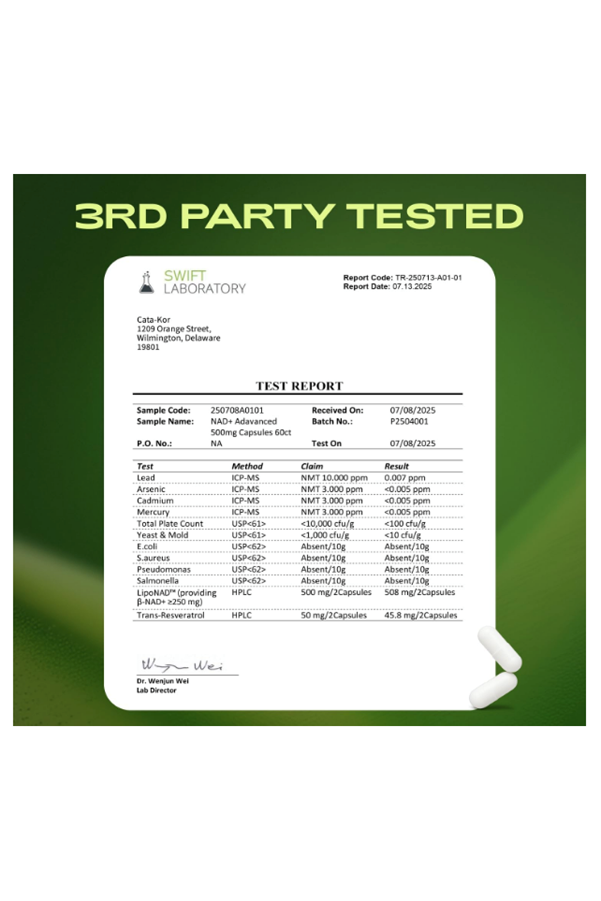 Cata-Kor Liposomal NAD+ with Resveratrol  NMN Alternative  Third-Party Tested 60 Capsul.