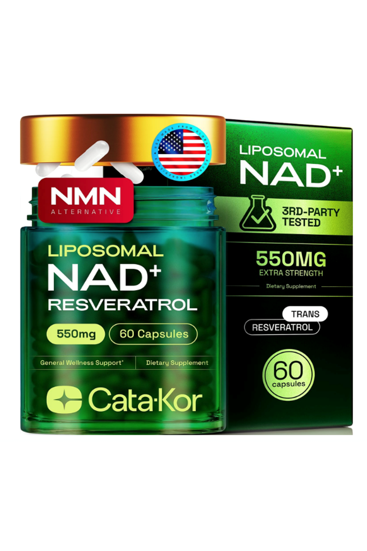 Cata-Kor Liposomal NAD+ with Resveratrol  NMN Alternative  Third-Party Tested 60 Capsul.