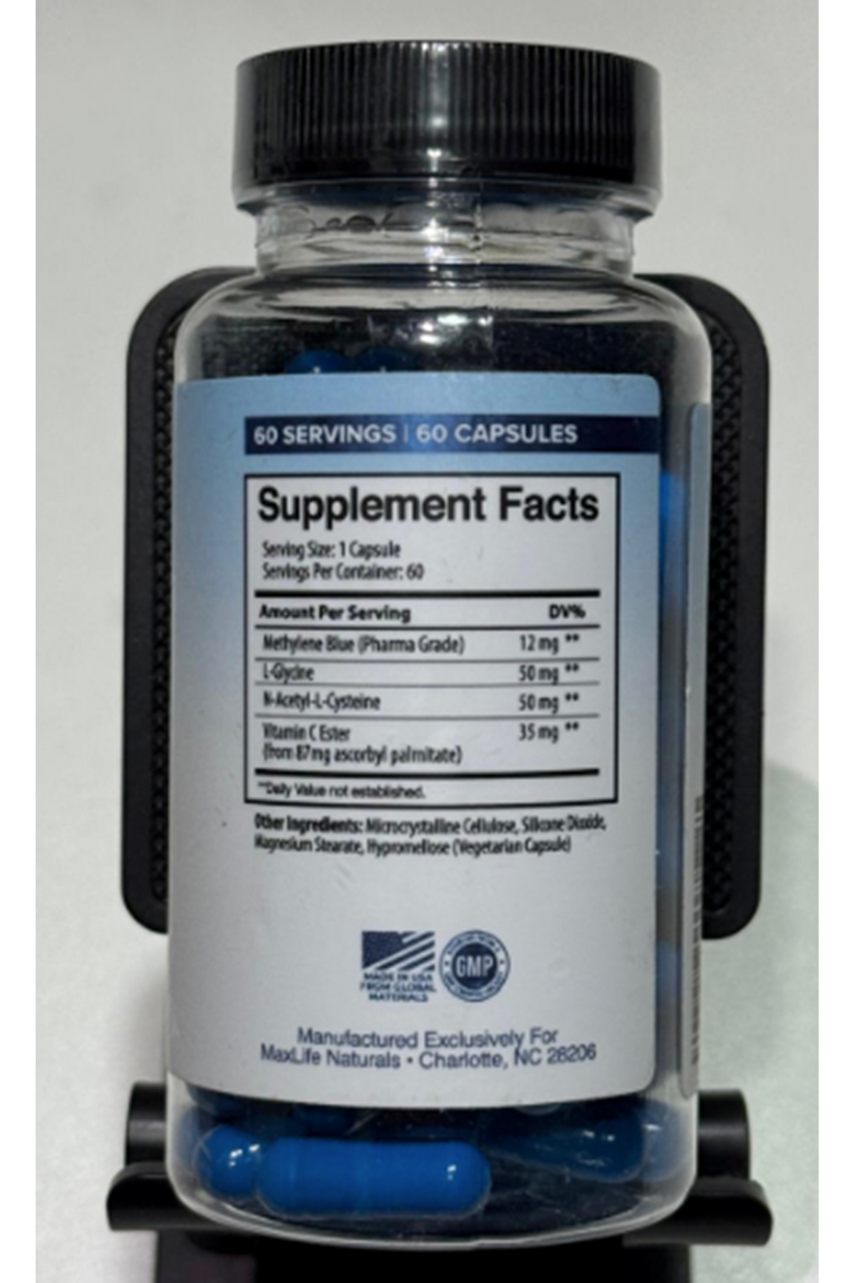 Maxlife Naturals Methylene Blue  12mg  with Enhanced Absorption Vitamin C Ester +  Glycine + NAC Longevity - 60 Capsul.Abd.43.