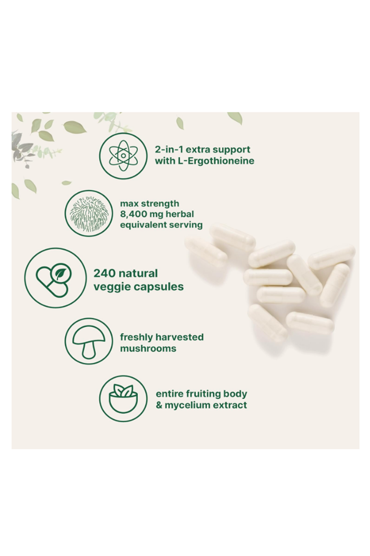 Micro Ingredients Lions Mane, 240 Veggie Capsul with L-Ergothioneine, 4 Month Supply  Brain, Energy, Immune Health Support.