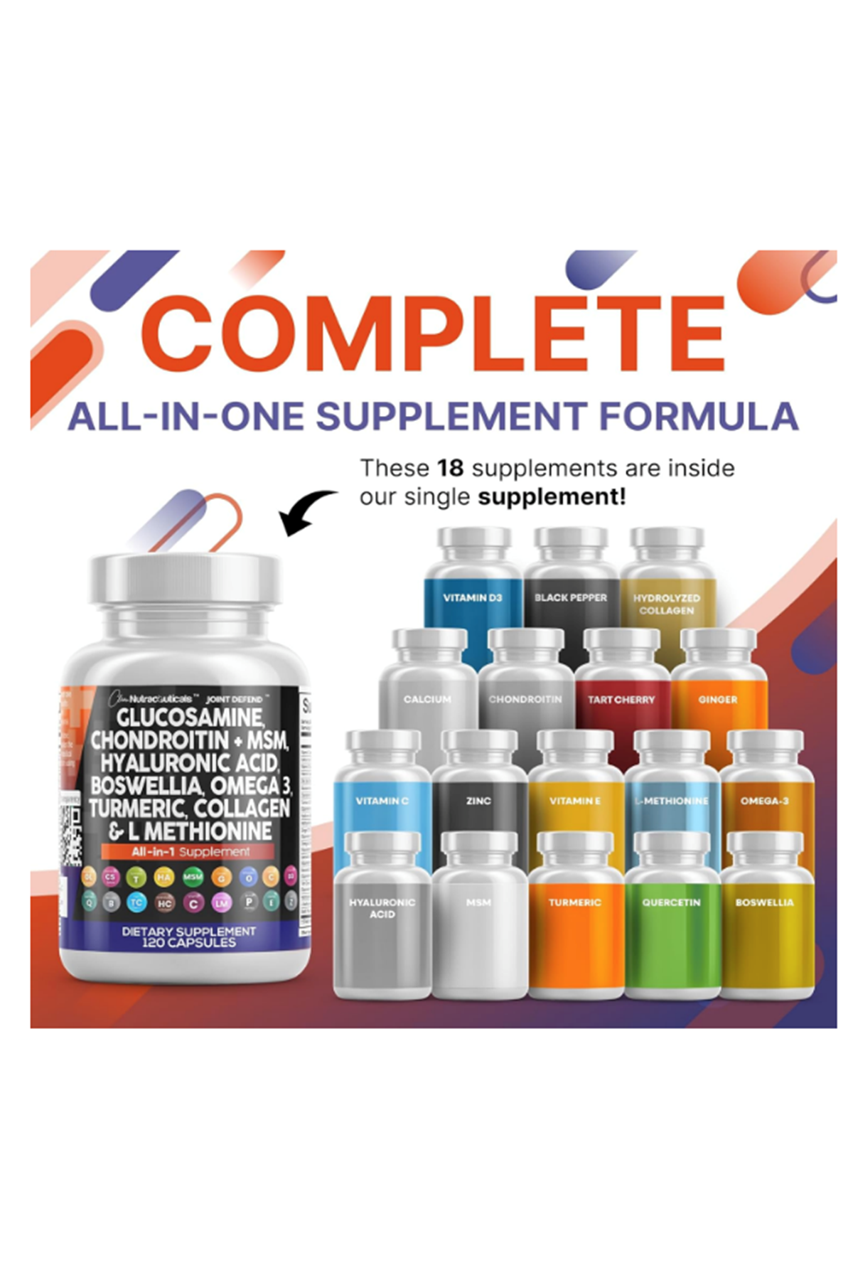 Clean Nutraceuticals Glucosamine Chondroitin MSM 1500mg  120 Capsul Turmeric Curcumin, Collagen, Hyaluronic Acid, Omega 3 – Joint Health for Men  Women  Joint Complex.