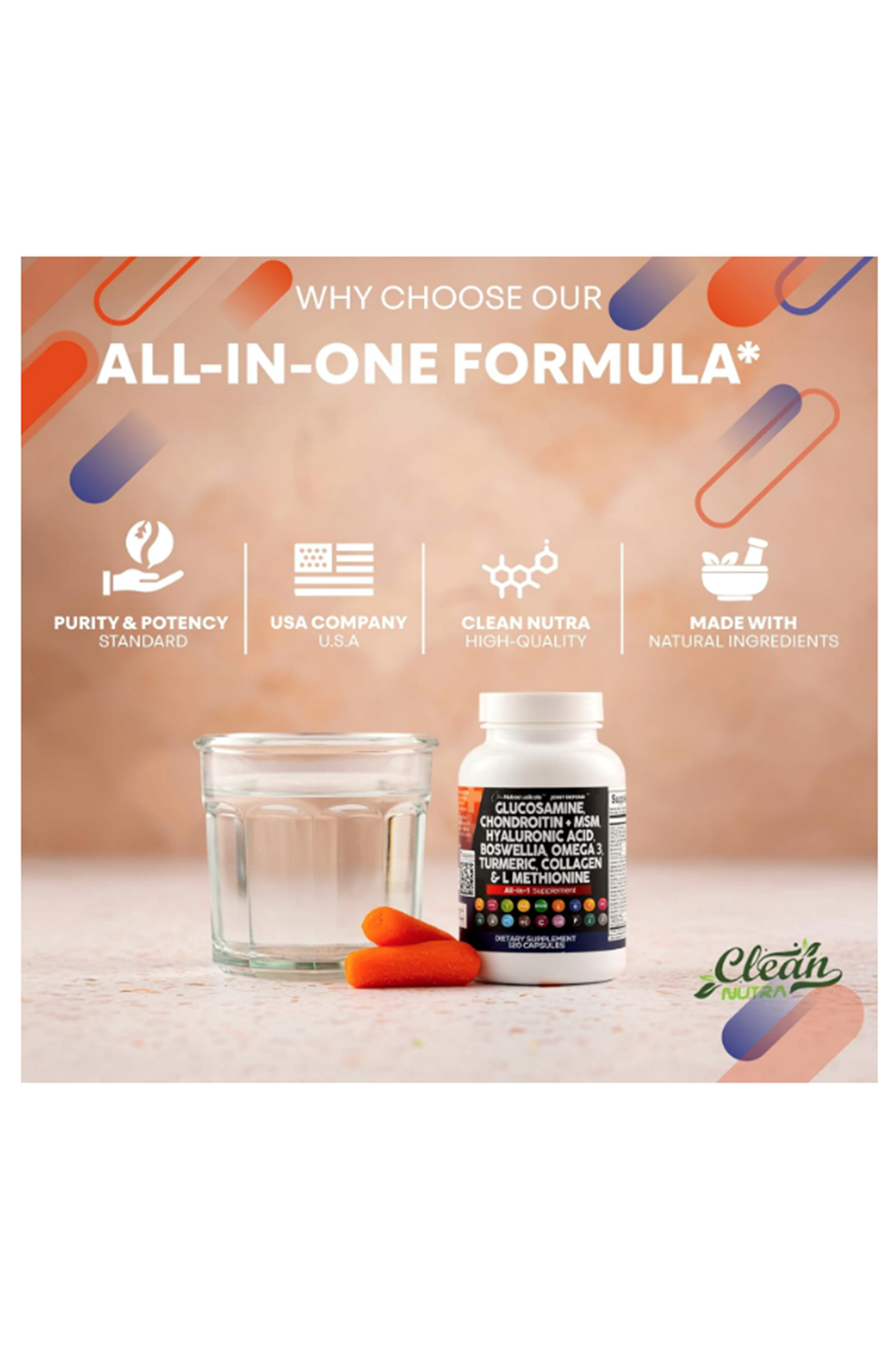 Clean Nutraceuticals Glucosamine Chondroitin MSM 1500mg  120 Capsul Turmeric Curcumin, Collagen, Hyaluronic Acid, Omega 3 – Joint Health for Men  Women  Joint Complex.