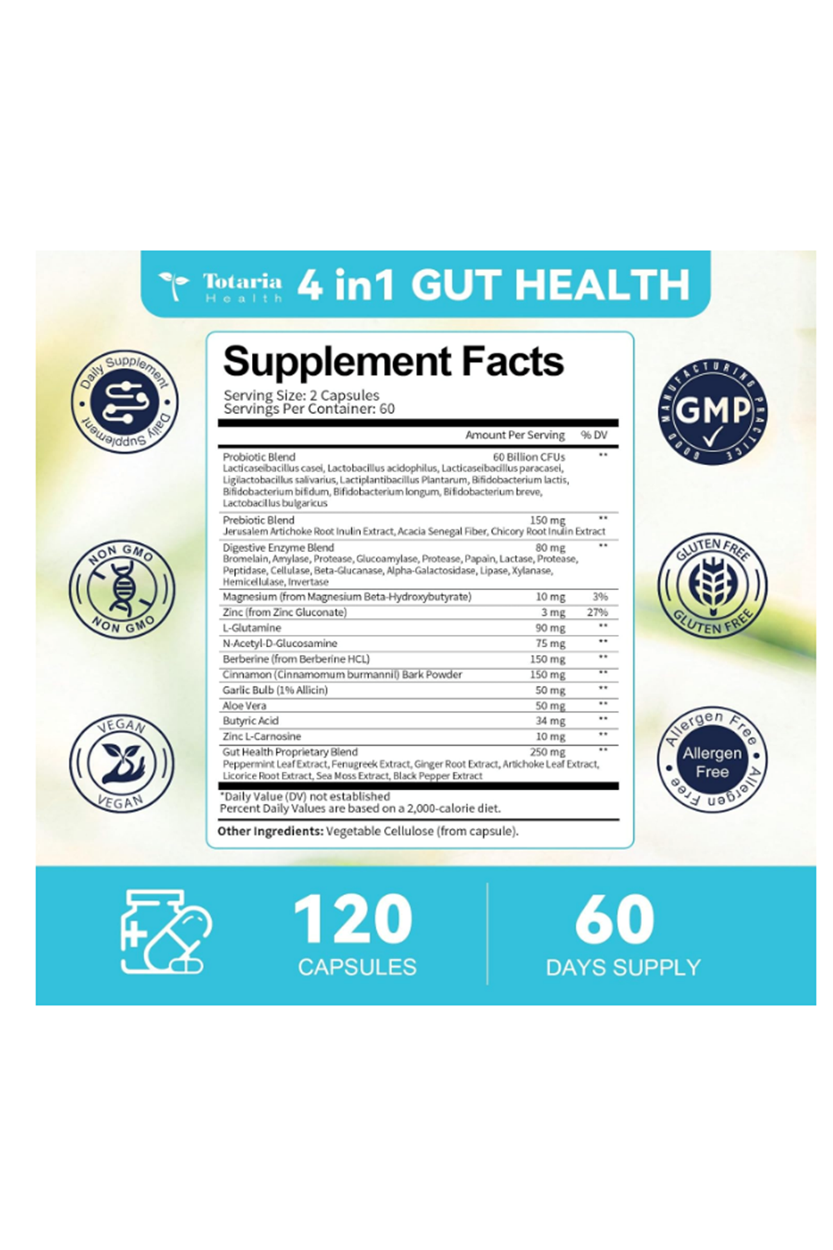 Totaria Healt  Gut Health  120 Capsul Probiotics, Prebiotics, Postbiotics  Digestive Enzymes for Women  Men, 60 Billion CFU Probiotics for Gut and Digestion, Strong Immunity, Skin.