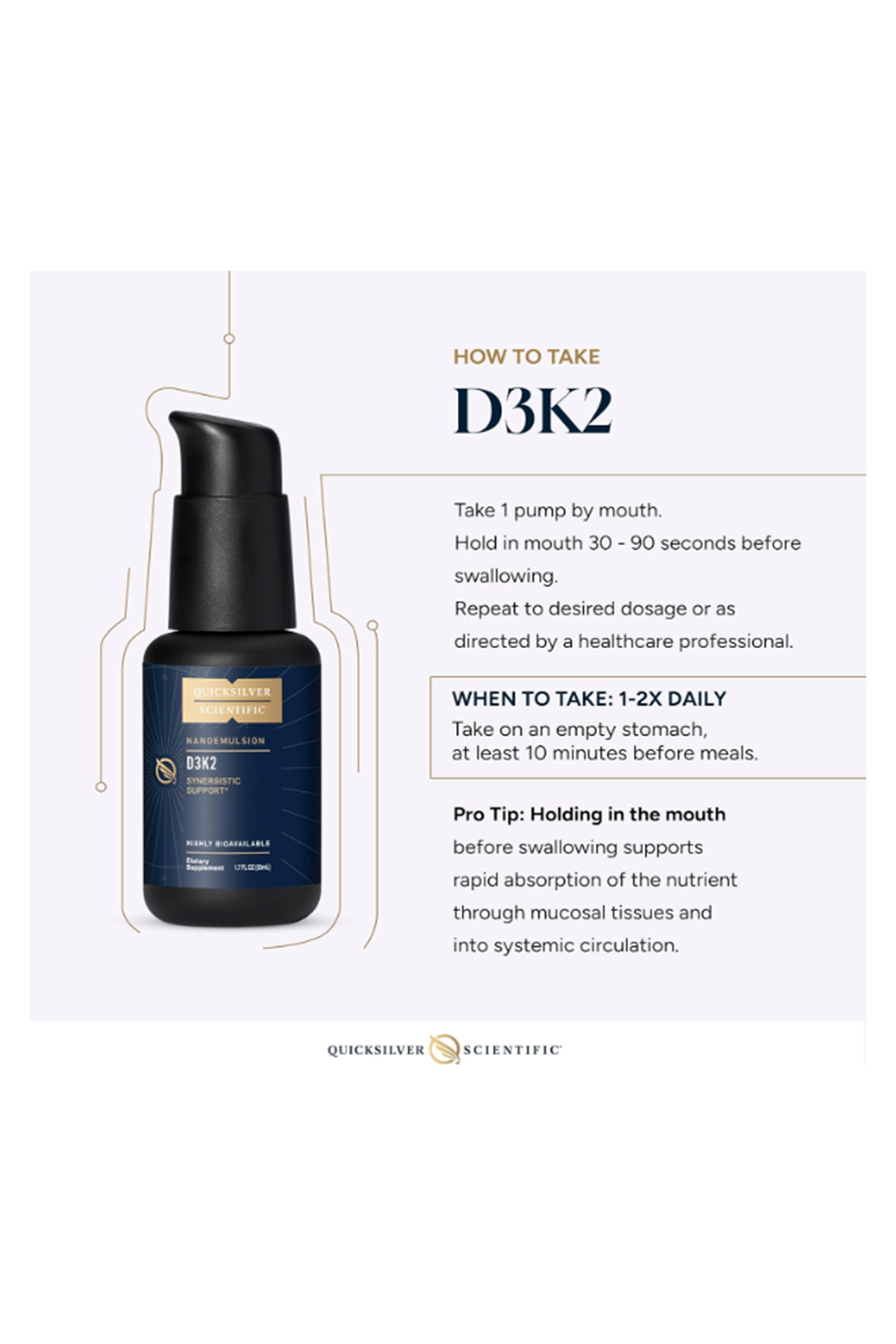 Quicksilver Scientific Nanoemulsified - Emulsified 50ML Vitamin D3 + K2 MK7 Liposomal for Heart, Bone Health + Immune Support - Bioactive 2500IU for Enhanced Absorption .