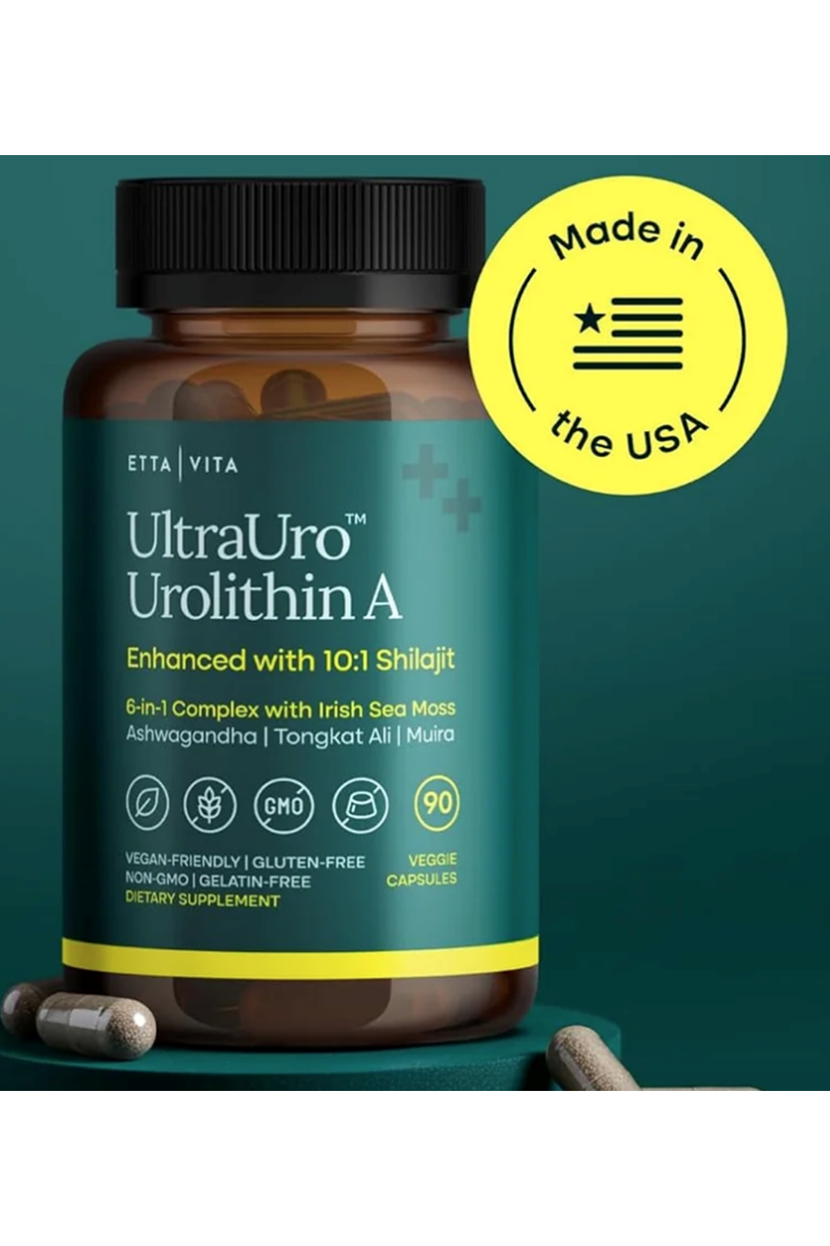 Etta Vita Urolithin-A Complex 90 Capsul Shilajit, Organic Sea Moss Tong kat Ali, Natural Energy, and Focus for Men  Women (Made in USA .