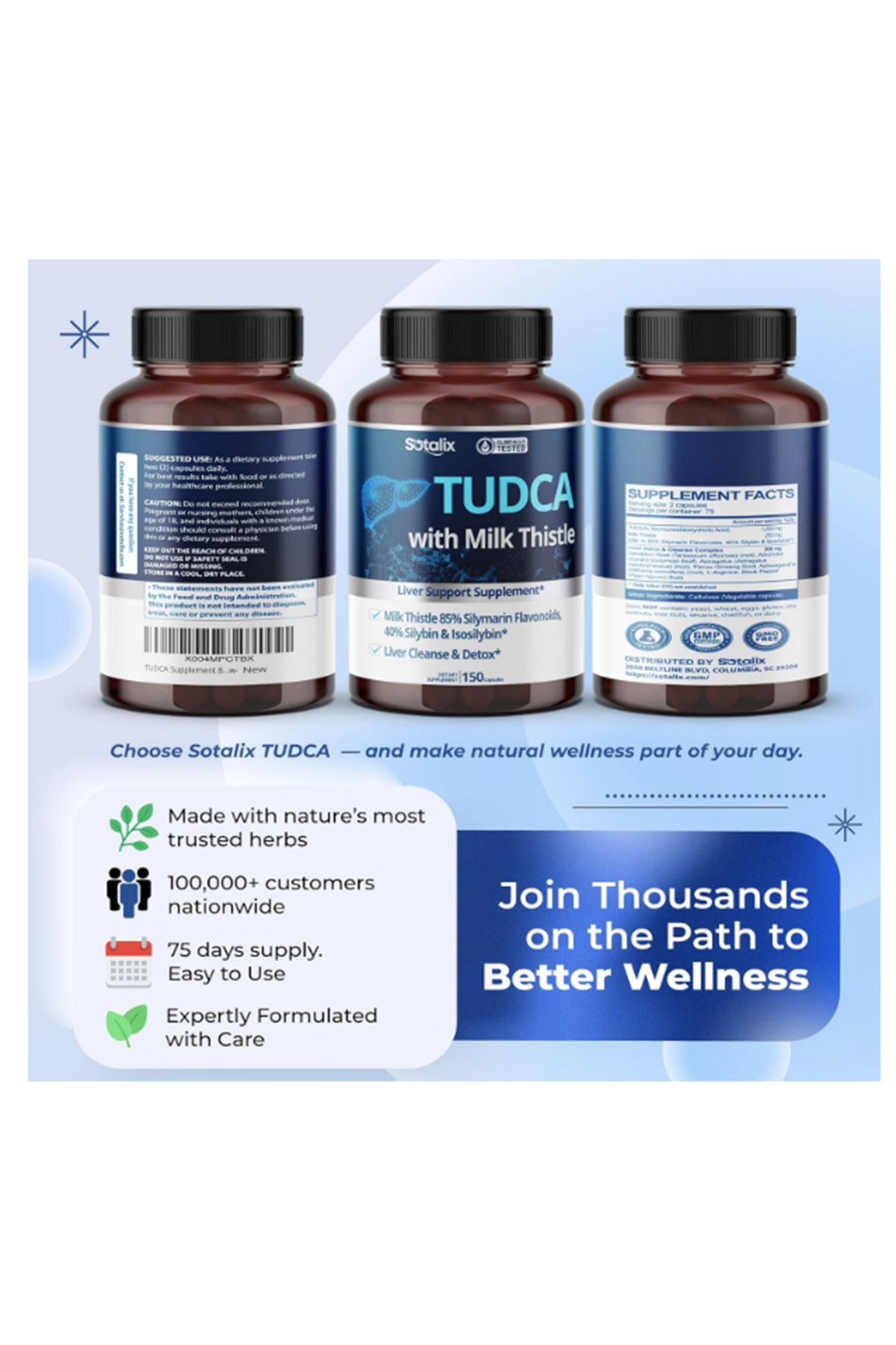 SOTALIX TUDCA 1200mg  150 Capsul  Milk Thistle – 85% Silymarin Flavonoids – Supports Liver Detox.