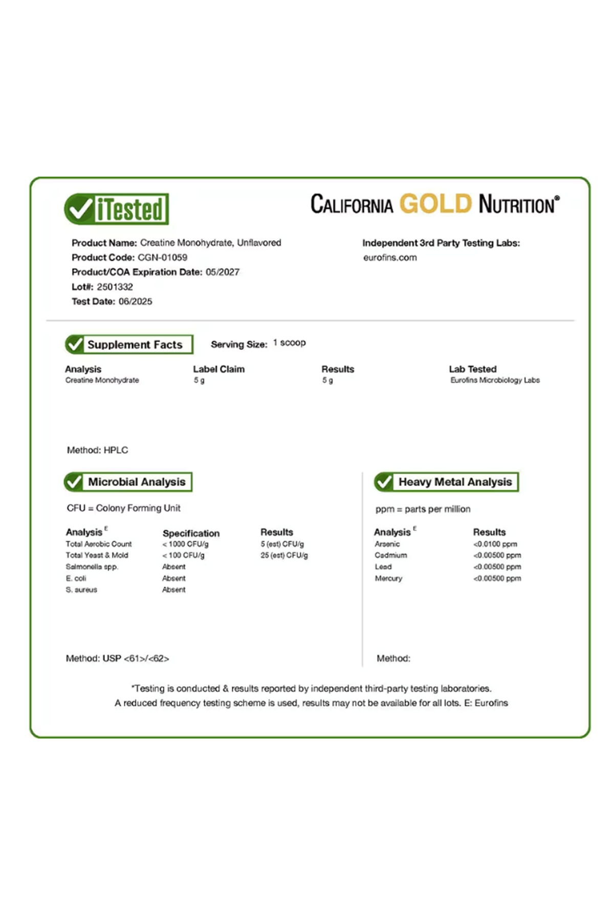 California Gold Nutrition, Sport, Pure Creatine Monohydrate, Unflavored, 1 lb (454 g) Made ın Usa.