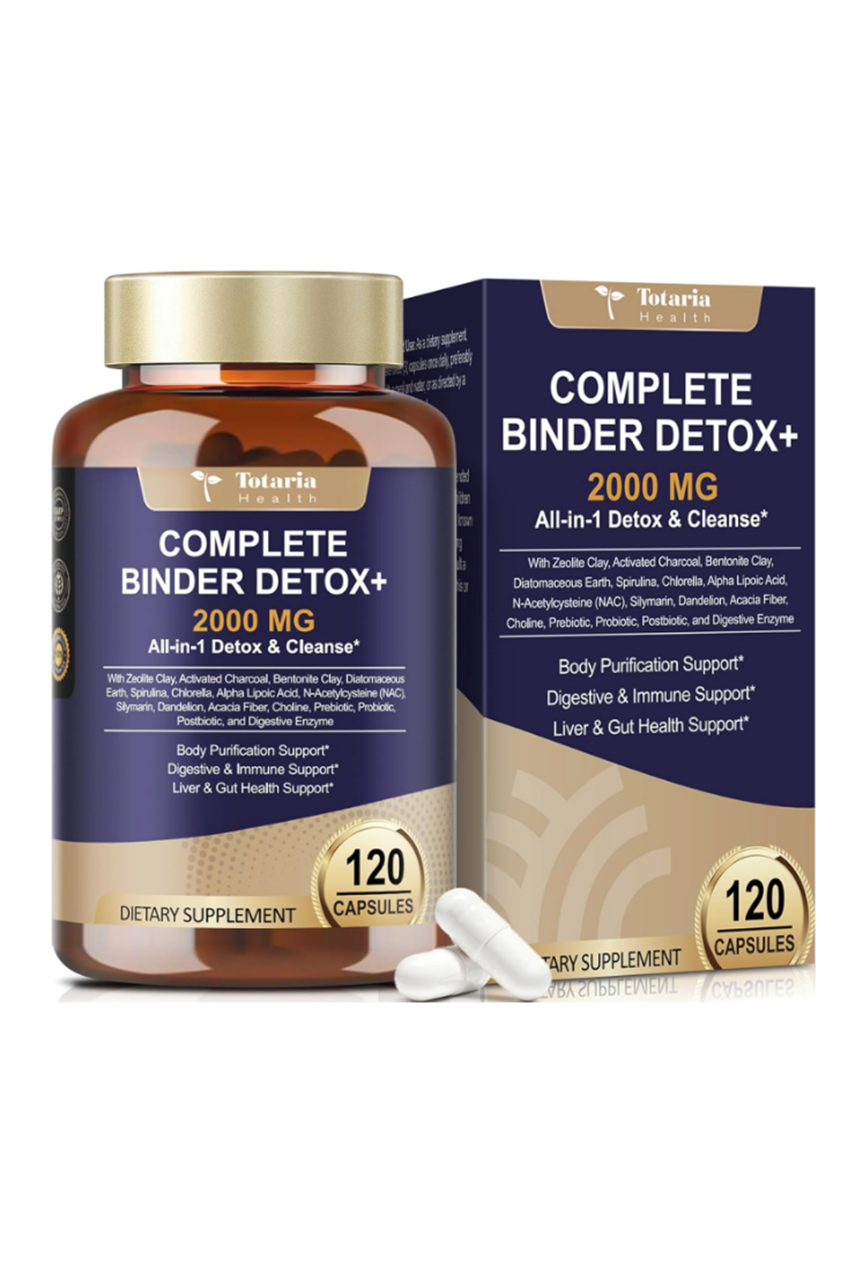 Totaria Complete Binder Detox  Activated Charcoal, Zeolite, Bentonite Clay, Alpha Lipoic Acid, 7-Layer Detox  Cleanse, Liver Gut 120 Capsul.