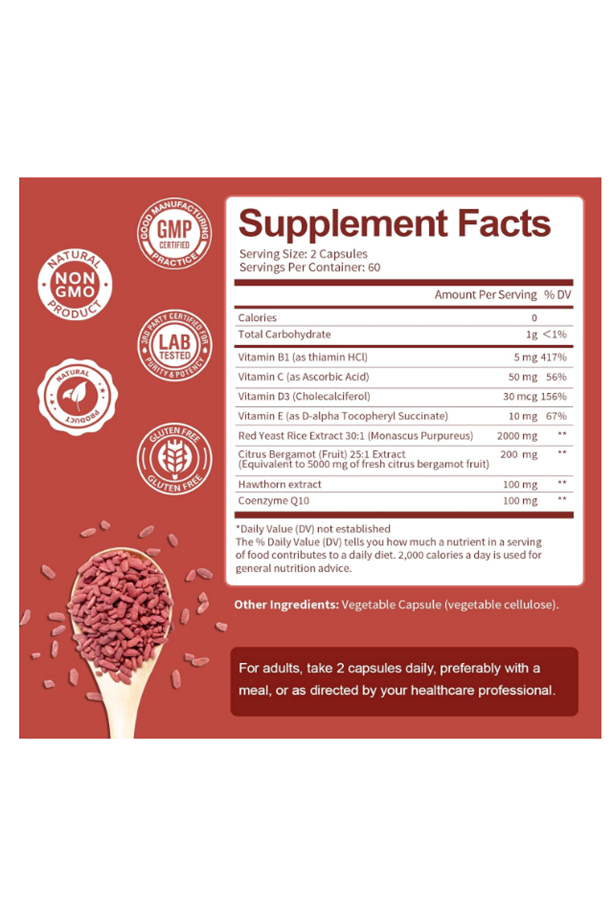 Totaria Healt  Red Yeast Rice 2000mg with CoQ10 120 Capsul Citrinin Free Extract Red Yeast Rice CoQ10 100 Plus Citrus Bergamot - Cholesterol Lowering.