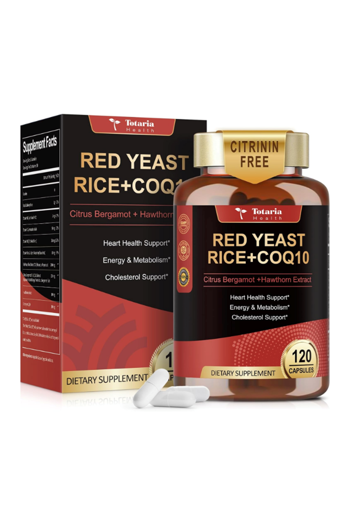 Totaria Healt  Red Yeast Rice 2000mg with CoQ10 120 Capsul Citrinin Free Extract Red Yeast Rice CoQ10 100 Plus Citrus Bergamot - Cholesterol Lowering.