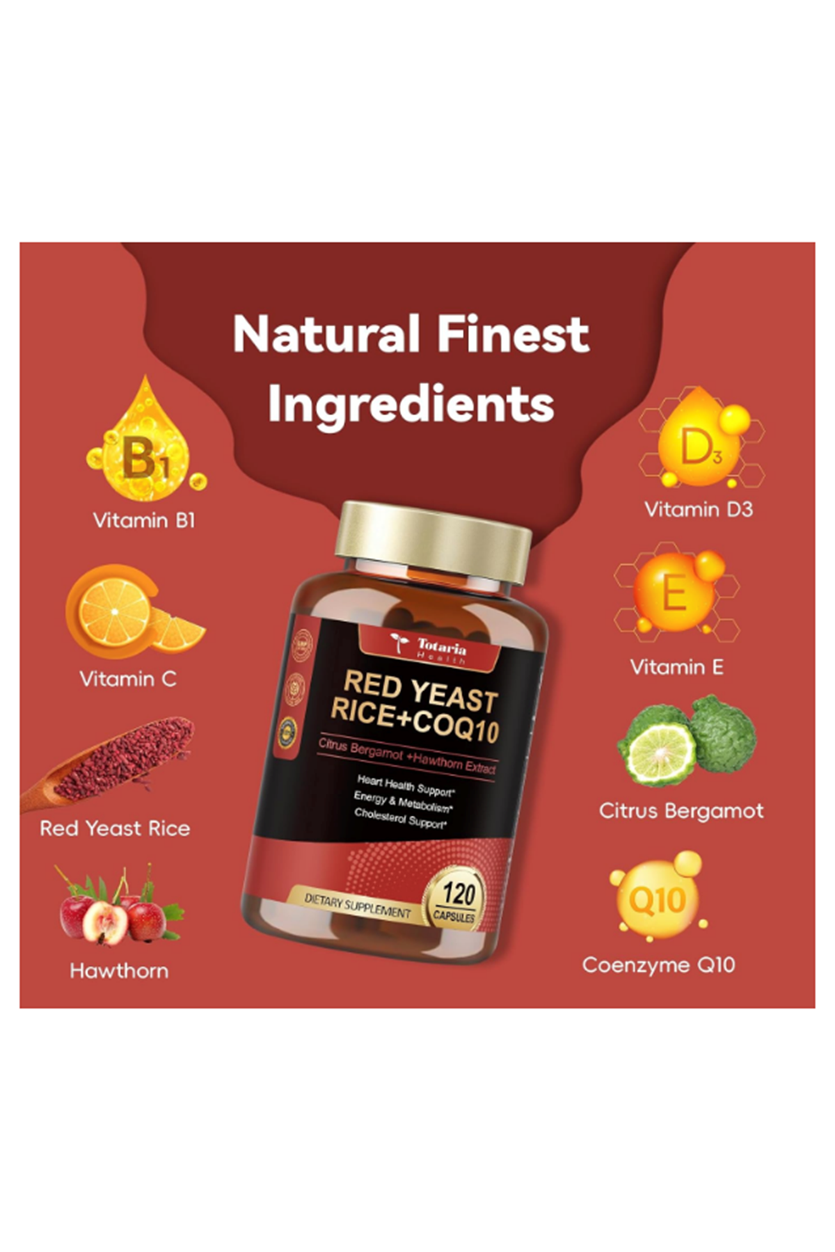 Totaria Healt  Red Yeast Rice 2000mg with CoQ10 120 Capsul Citrinin Free Extract Red Yeast Rice CoQ10 100 Plus Citrus Bergamot - Cholesterol Lowering.