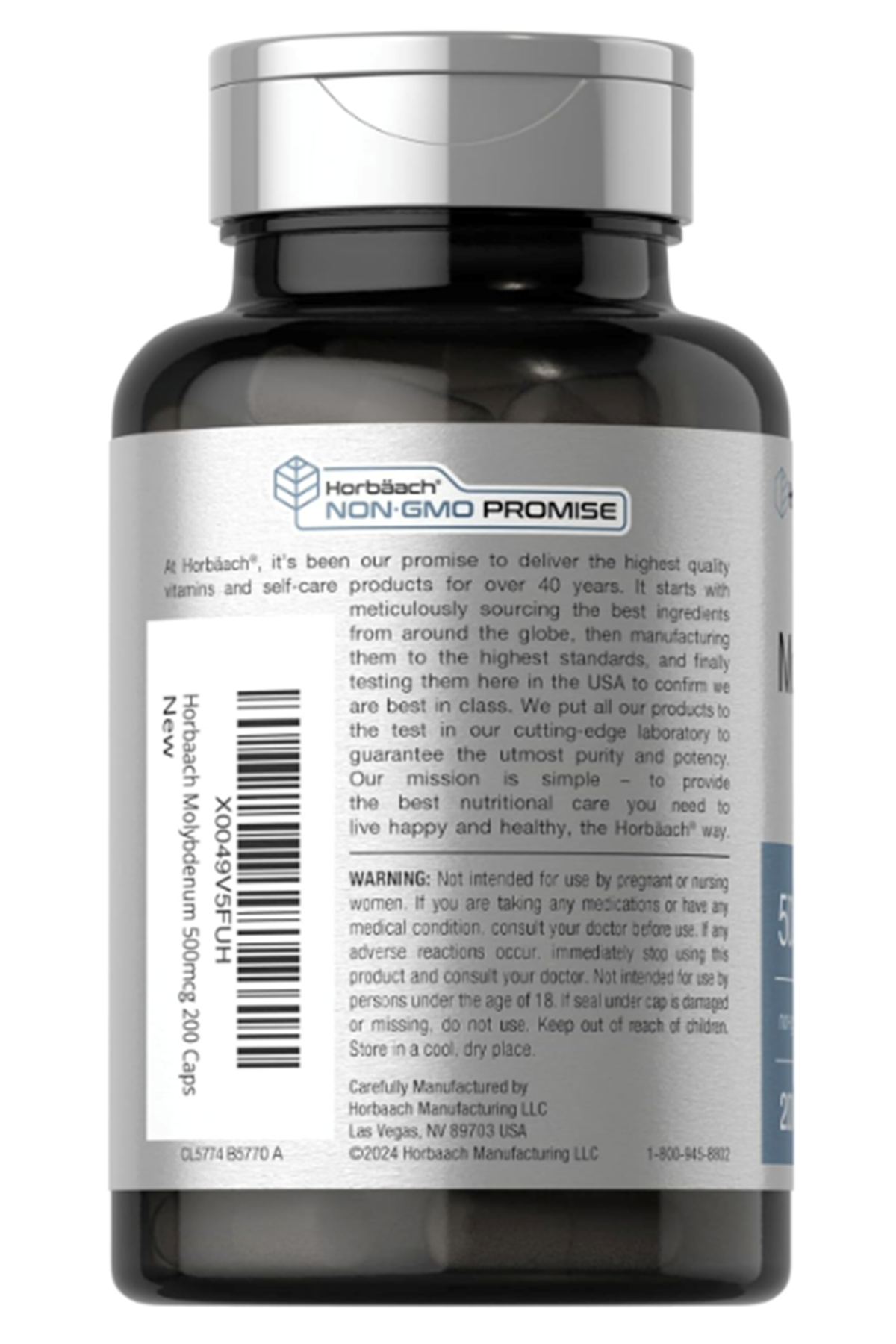 Horbaach Molybdenum  500mcg  Quick release 200 capsules  Amino Acid Chelate.