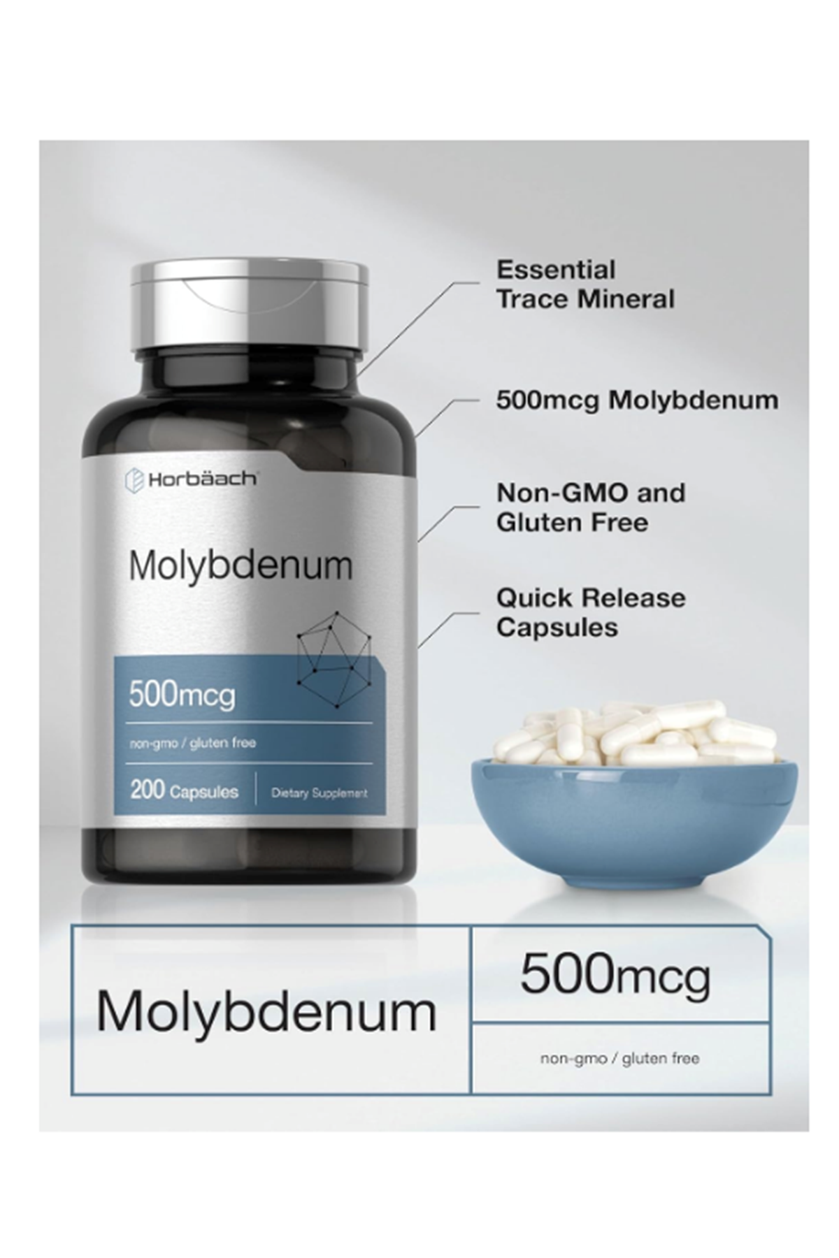 Horbaach Molybdenum  500mcg  Quick release 200 capsules  Amino Acid Chelate.