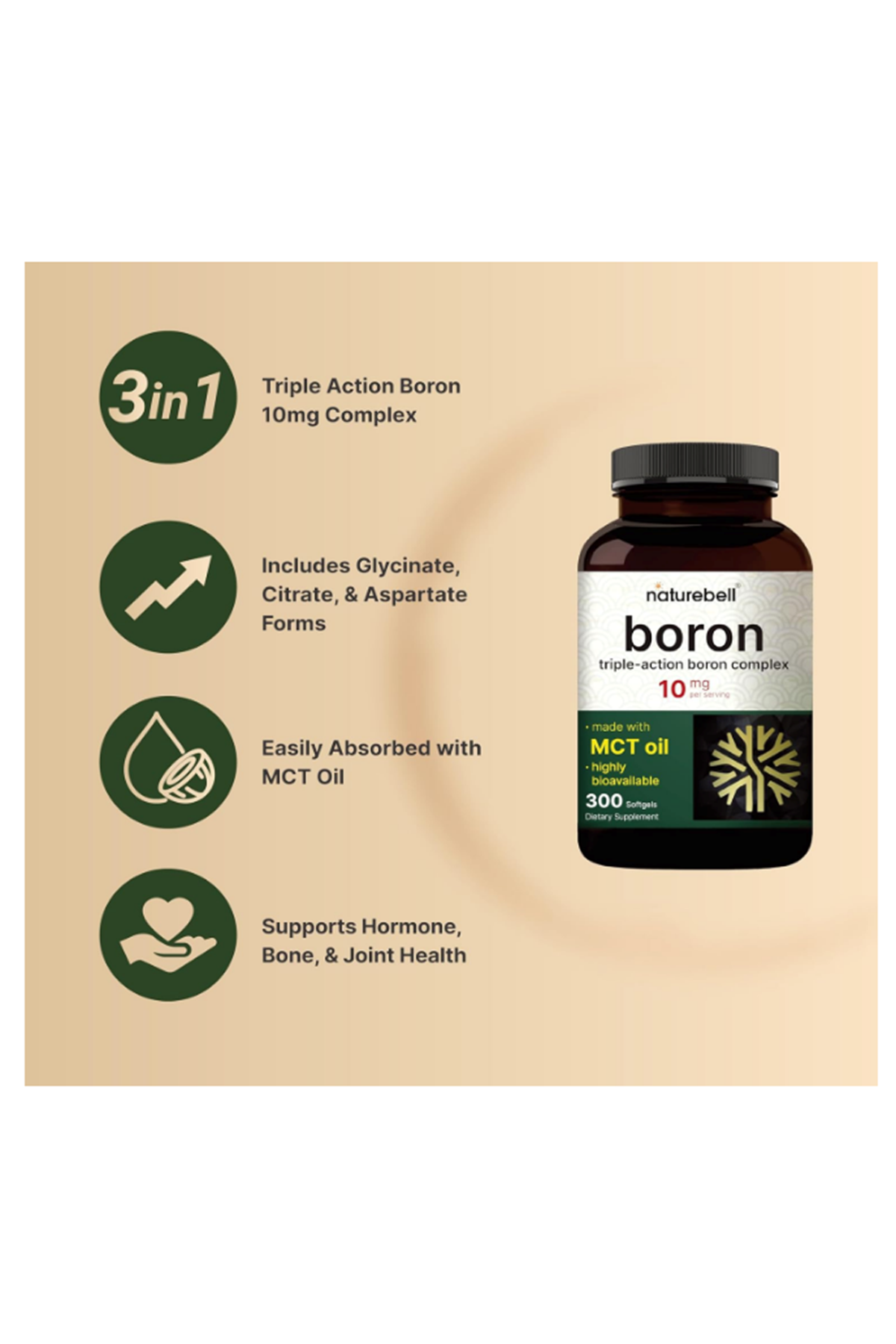 Naturebell  Boron 10mg, 300 Softgels with MCT Oil  High Absorption Triple Action Boron for Men  Women  Glycinate, Citrate, Aspartate Complex.
