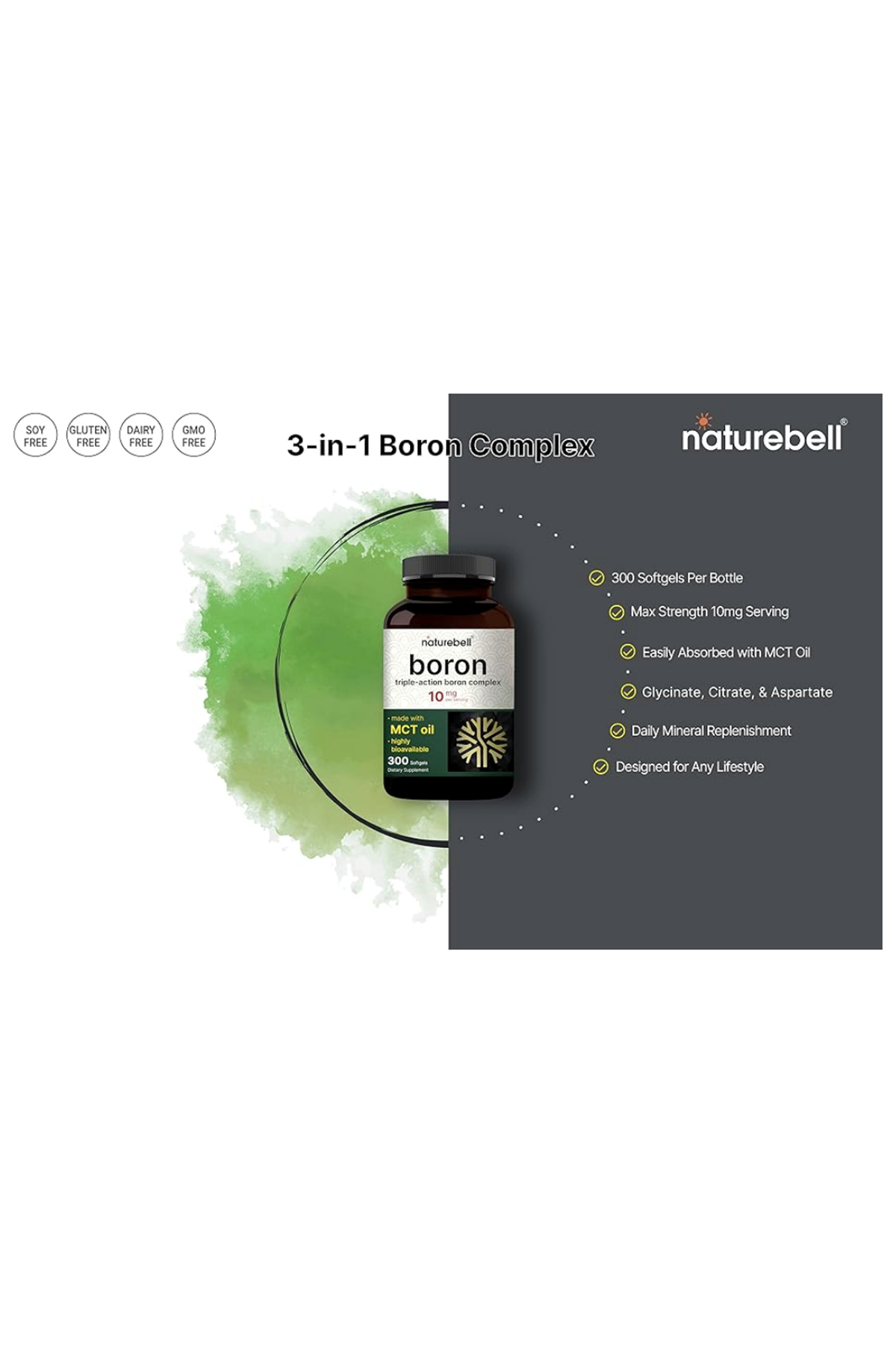 Horbaach  Boron 10mg, 300 Softgels with MCT Oil  High Absorption Triple Action Boron for Men  Women  Glycinate, Citrate, Aspartate Complex.