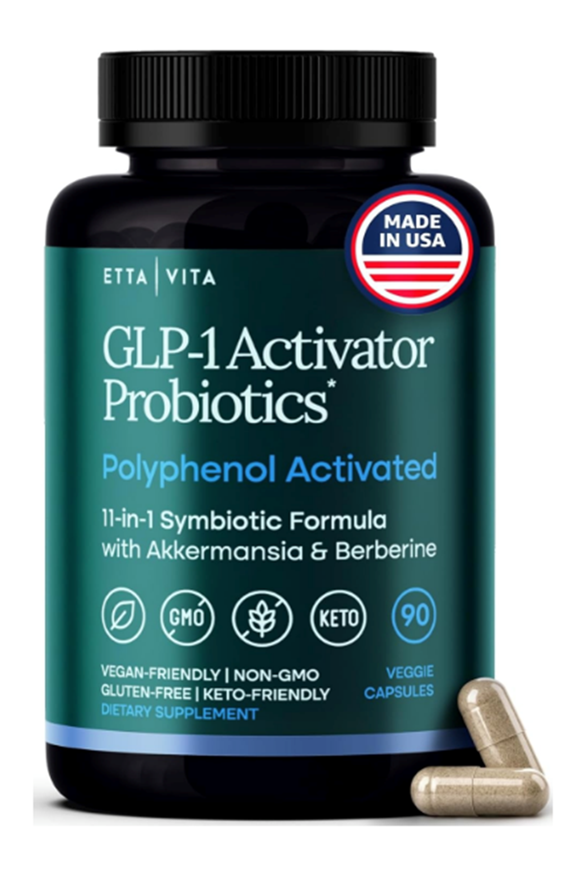 Etta Vita GLP-1 90 Veg Capsul  Weight Loss  Appetite Control for Men and Women with Akkermansia, Berberine, Inulin, EGCG, Resveratrol, Hops, Polyphenols - Supports Digestion, Hunger, Cravings, Gut Health.