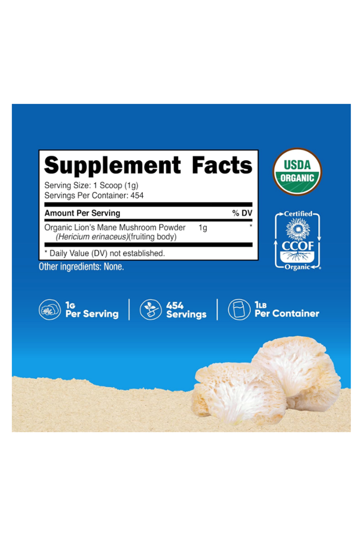 Nutricost Organic Lion's Mane Mushroom Powder 454gr - Certified USDA Organic.